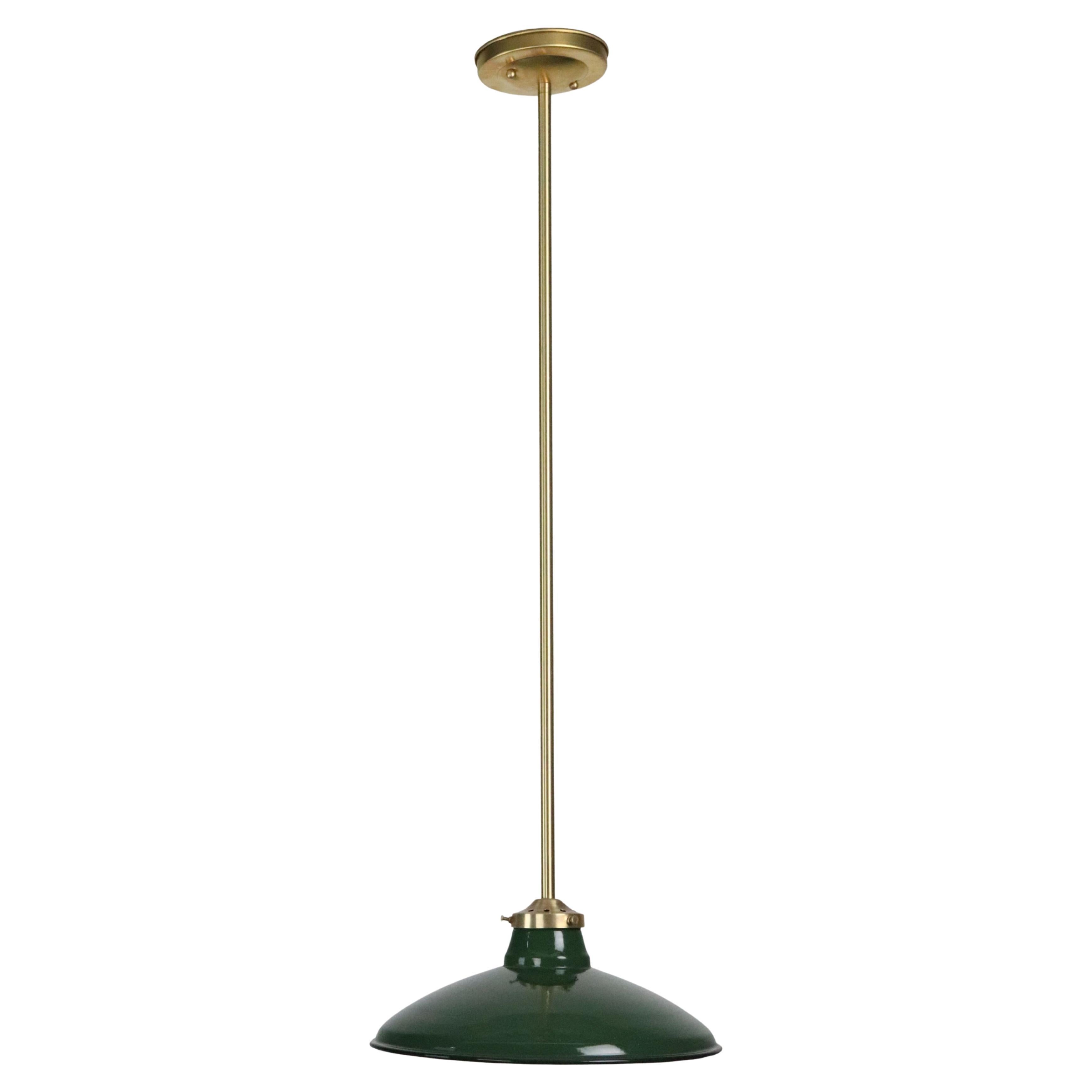 Industrial Green Steel Brushed Brass Pole Pendant Light 12 In. Dia. For Sale