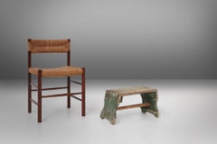 Tabouret industriel en bois vert avec une belle patine, France 1900