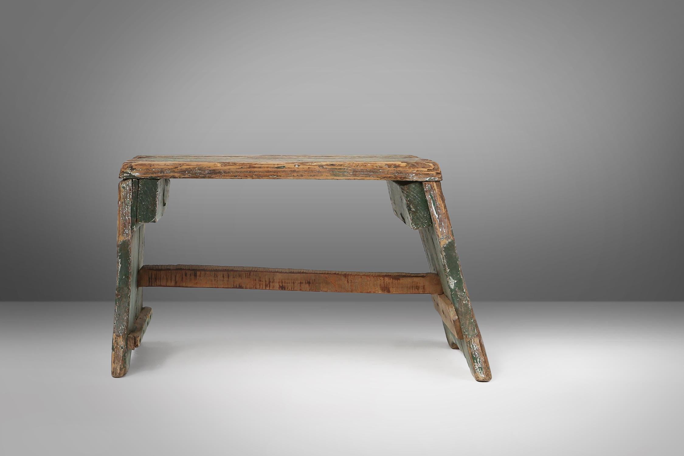 Rustic Industrial green wooden stool with nice patina, France 1900 For Sale