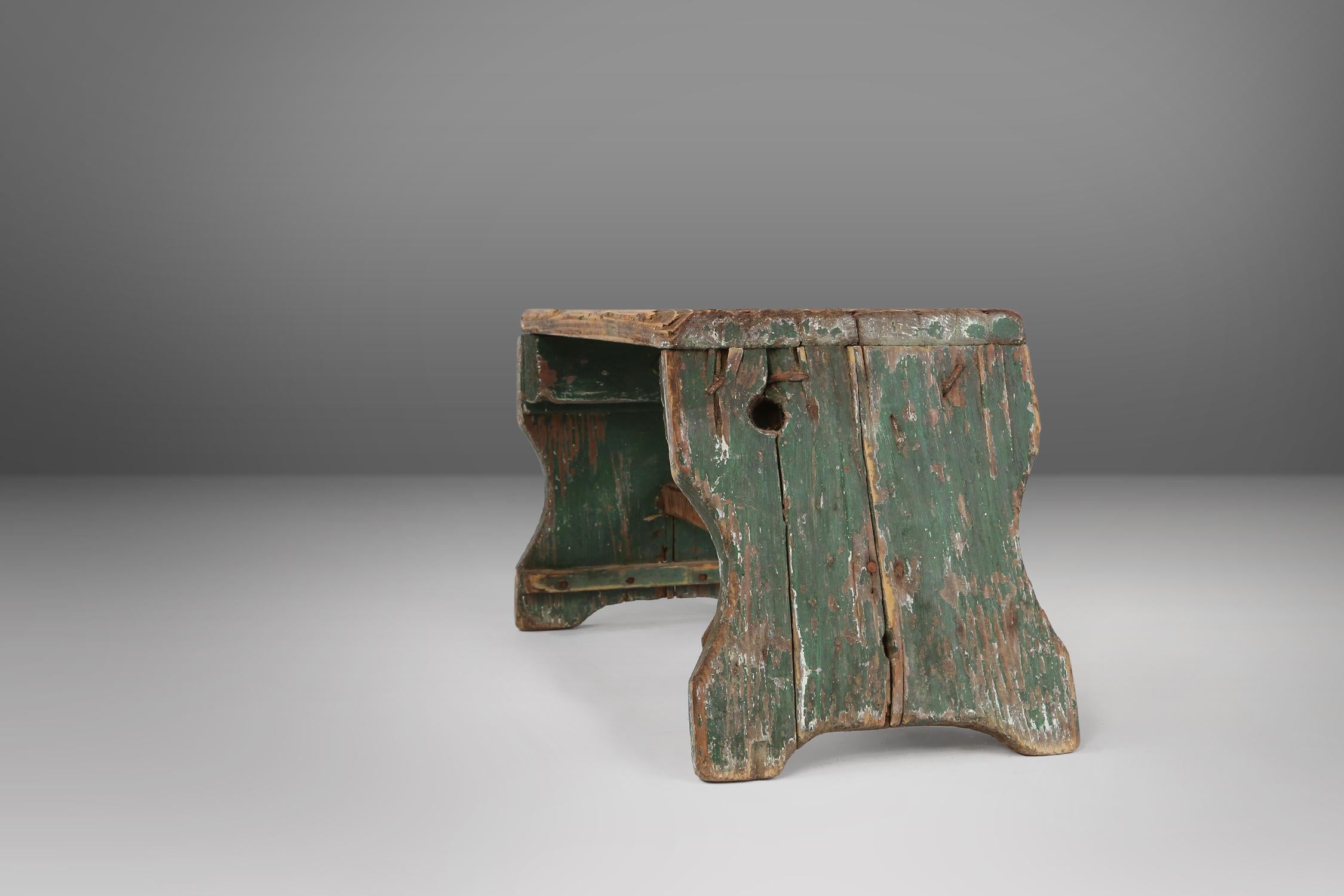 French Industrial green wooden stool with nice patina, France 1900 For Sale