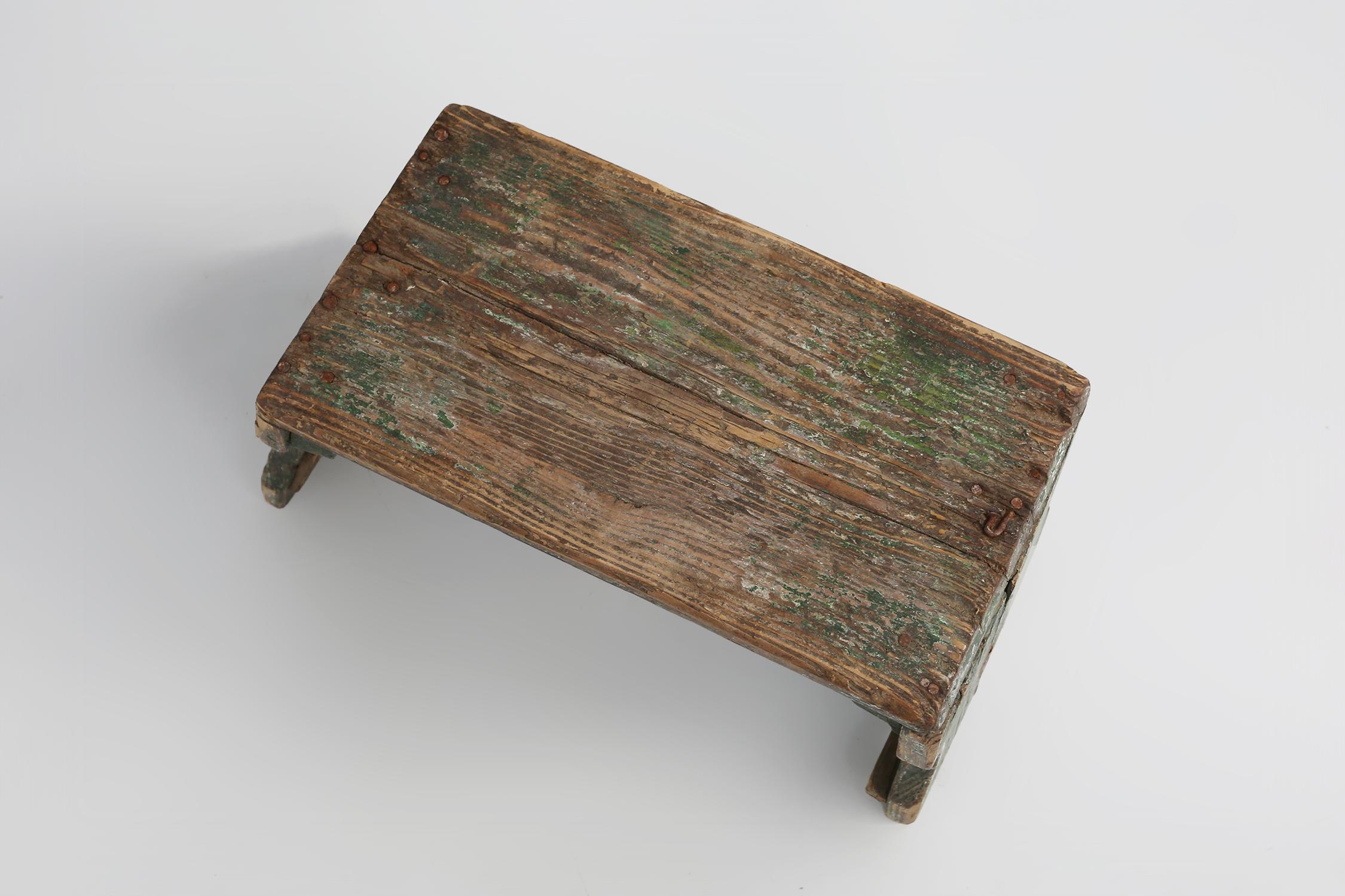 Early 20th Century Industrial green wooden stool with nice patina, France 1900 For Sale