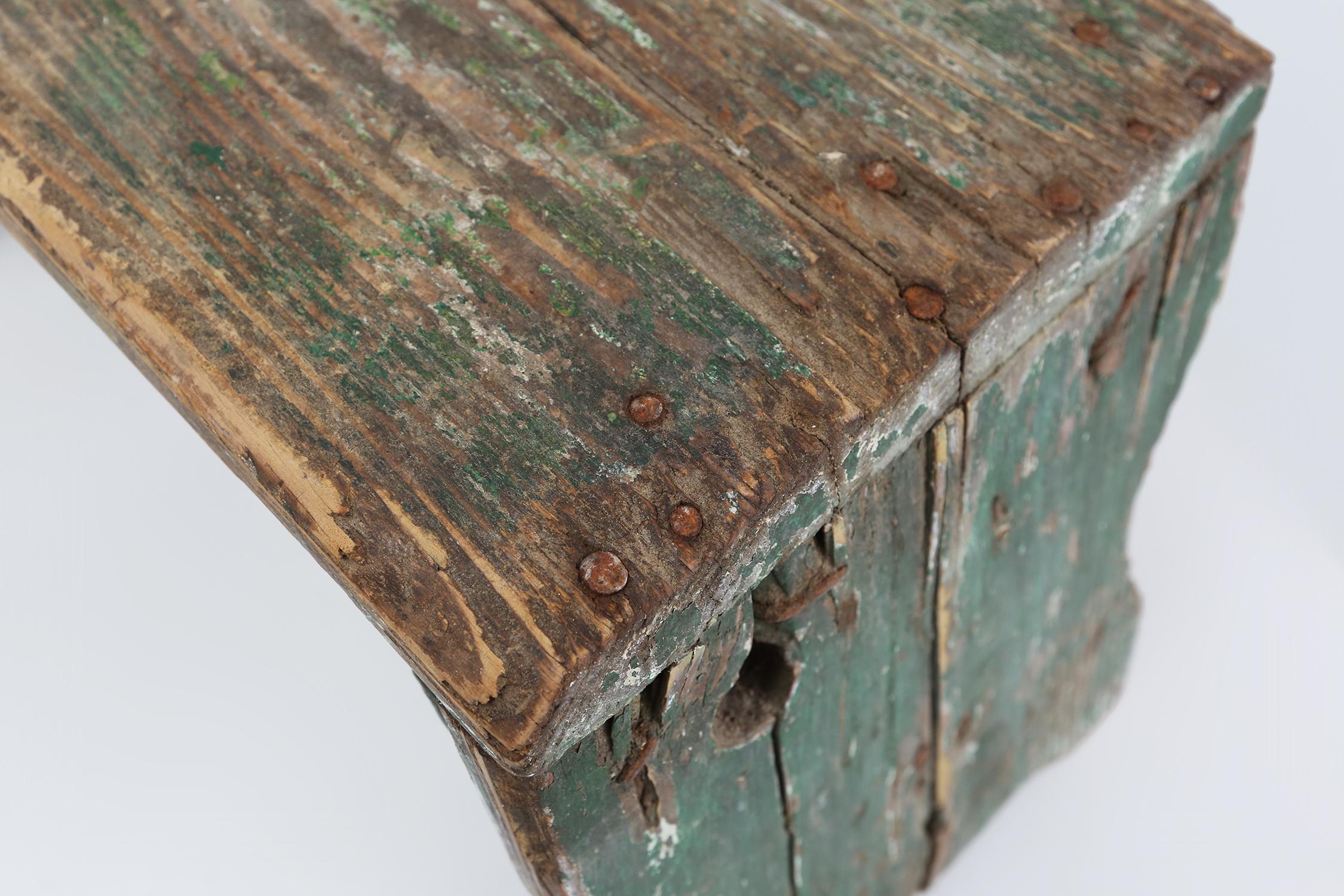 Wood Industrial green wooden stool with nice patina, France 1900 For Sale