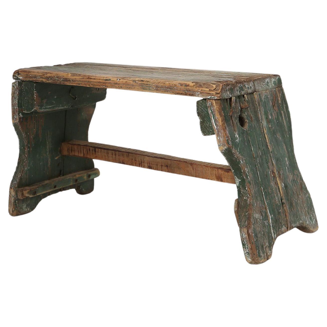 Industrial green wooden stool with nice patina, France 1900