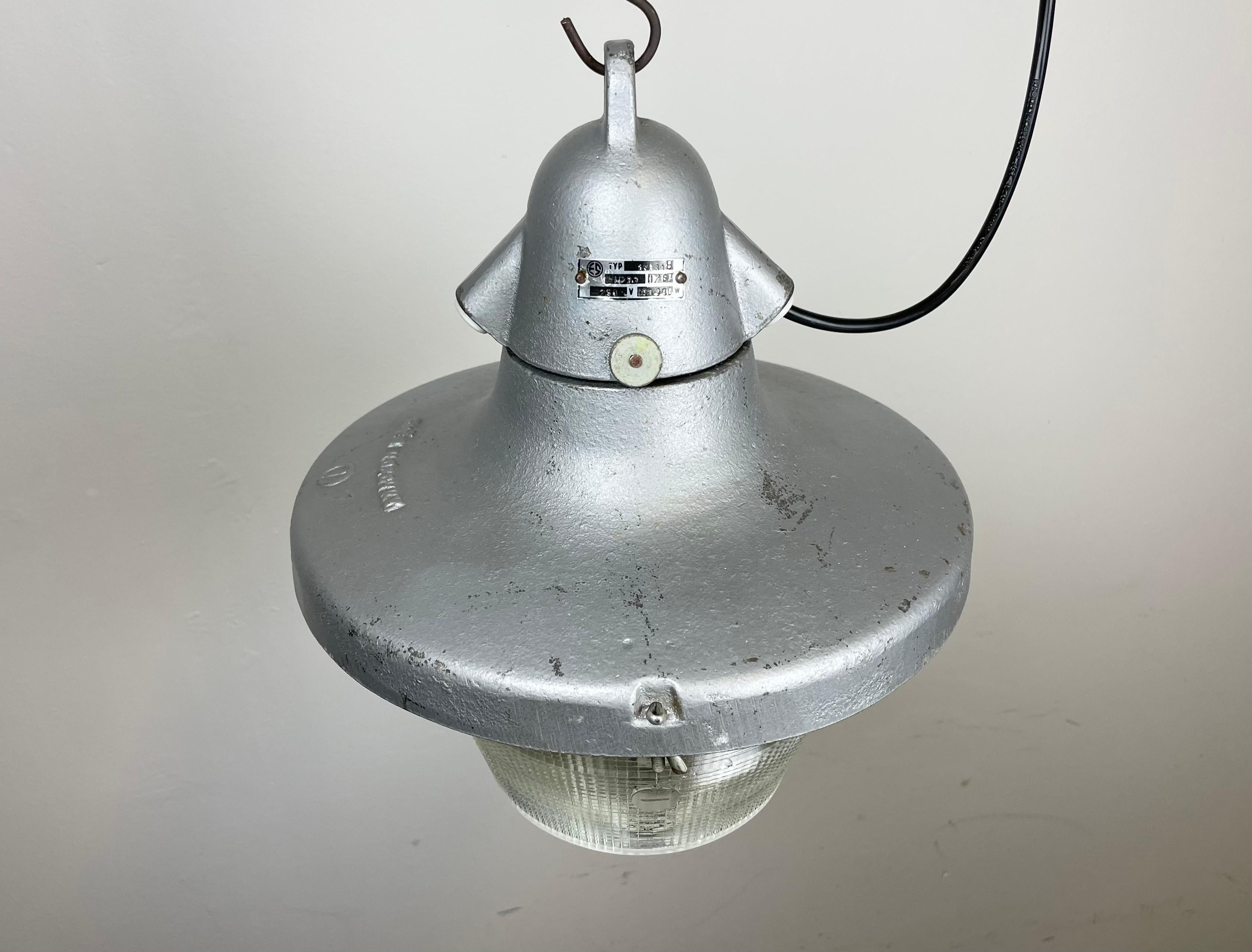 Aluminum Industrial Silver Cast Aluminium Light with Striped Glass, 1950s For Sale