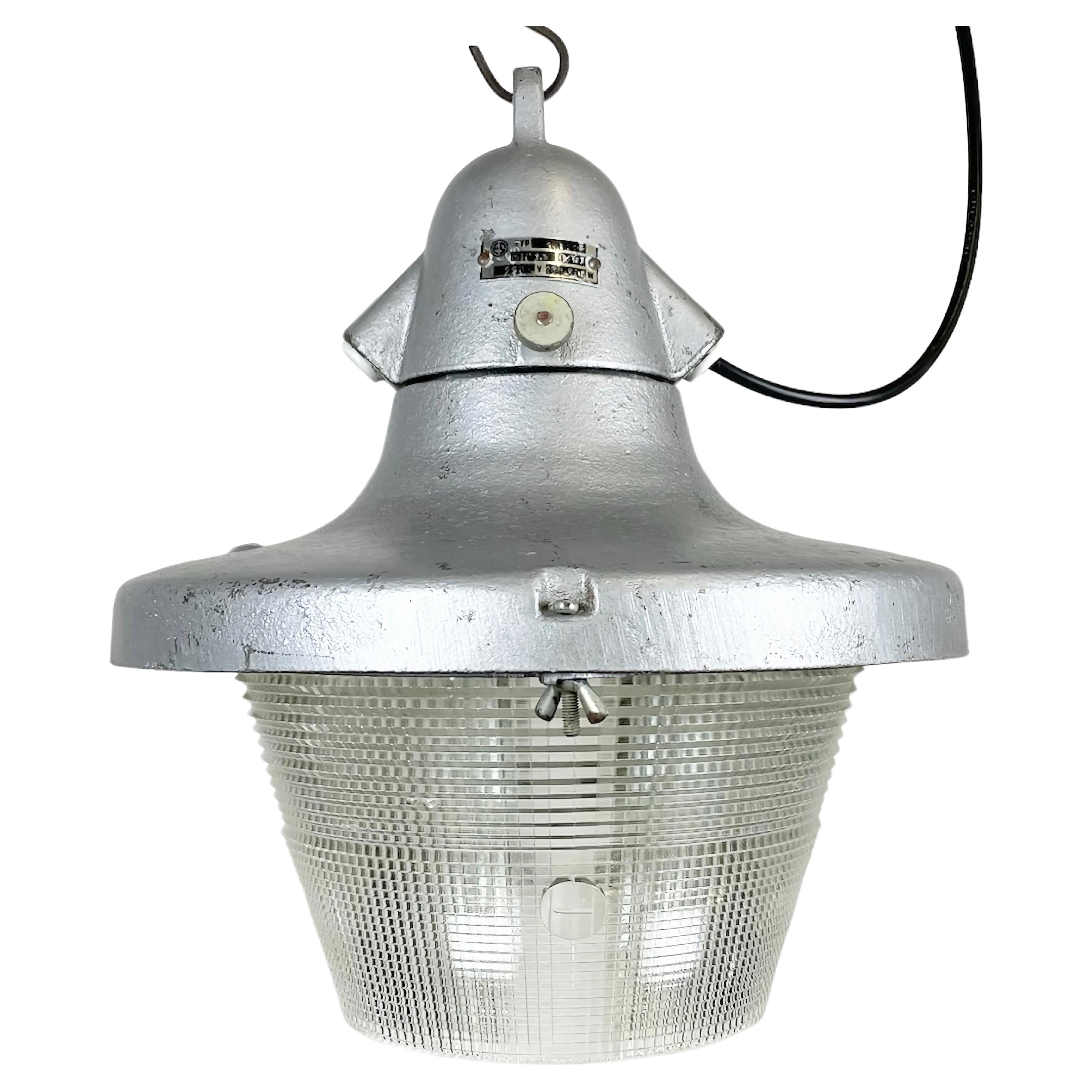 Industrial Silver Cast Aluminium Light with Striped Glass, 1950s For Sale