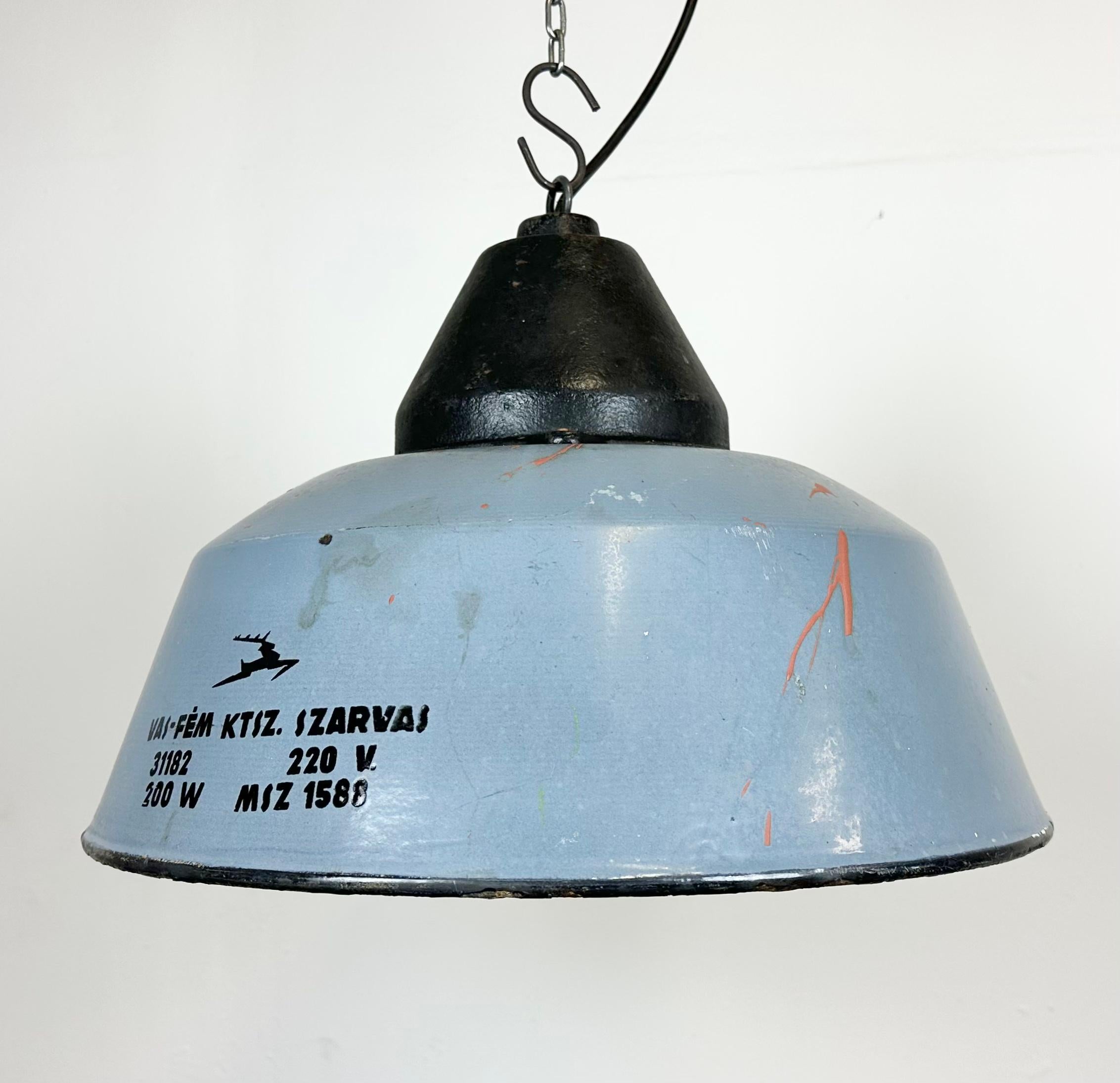 Hungarian Industrial Grey Enamel and Cast Iron Pendant Light, 1960s For Sale