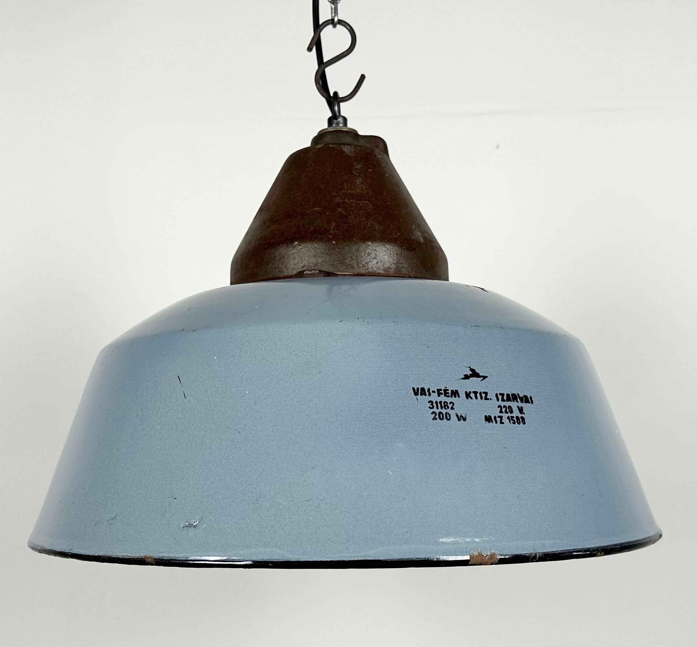 Hungarian Industrial Grey Enamel and Cast Iron Pendant Light, 1960s For Sale