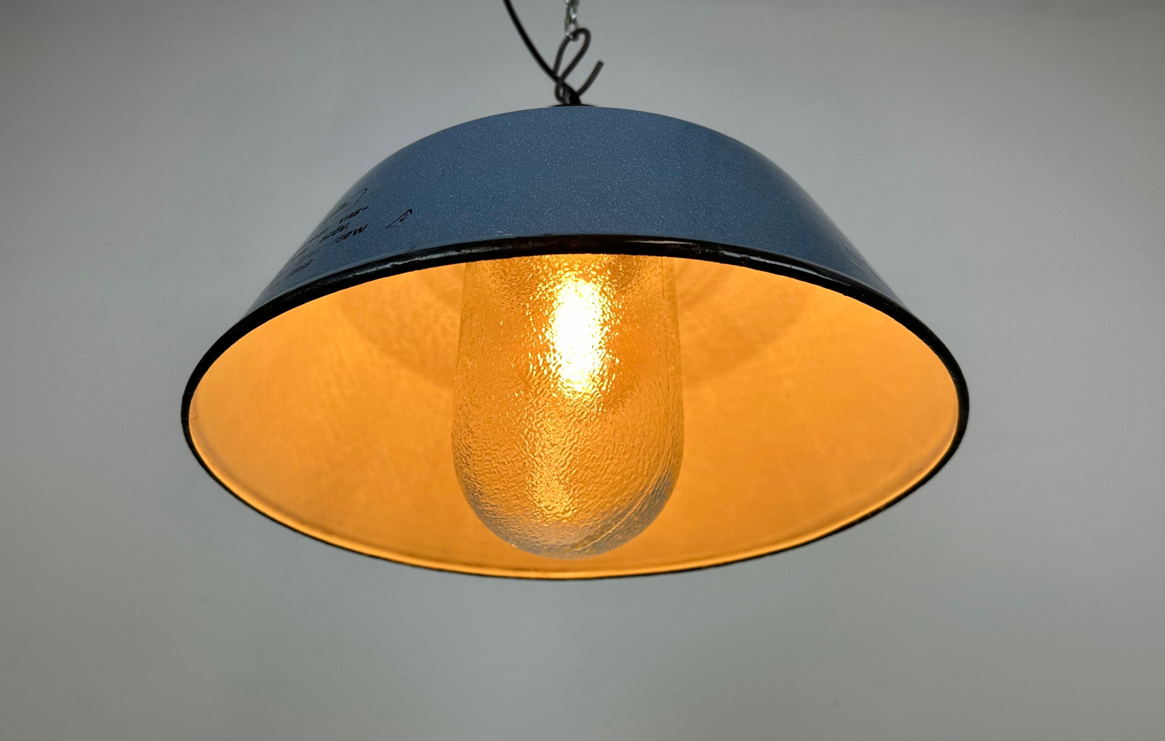 Industrial Grey Enamel and Cast Iron Pendant Light with Glass Cover, 1960s For Sale 5