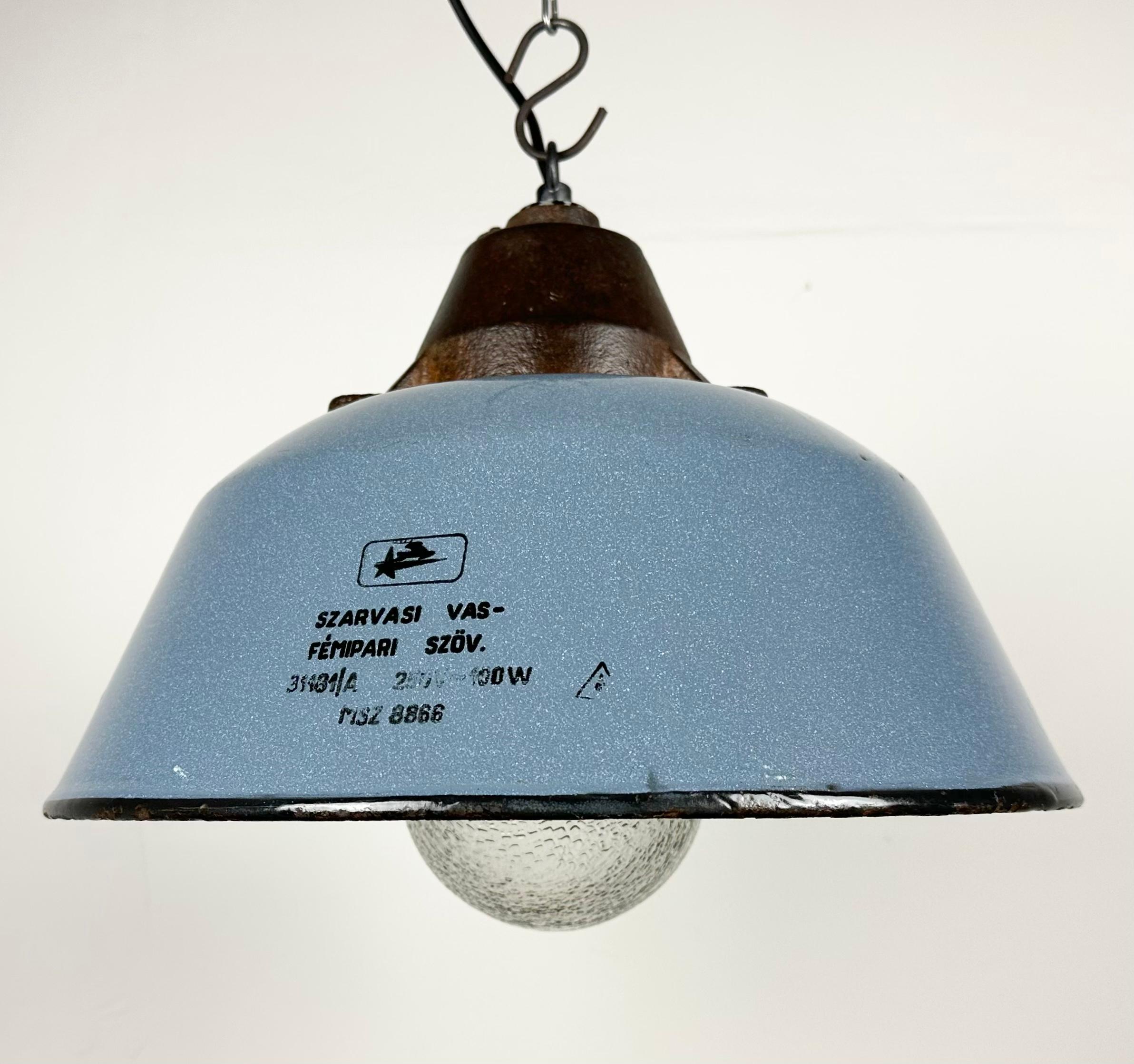 Industrial Grey Enamel and Cast Iron Pendant Light with Glass Cover, 1960s For Sale 6