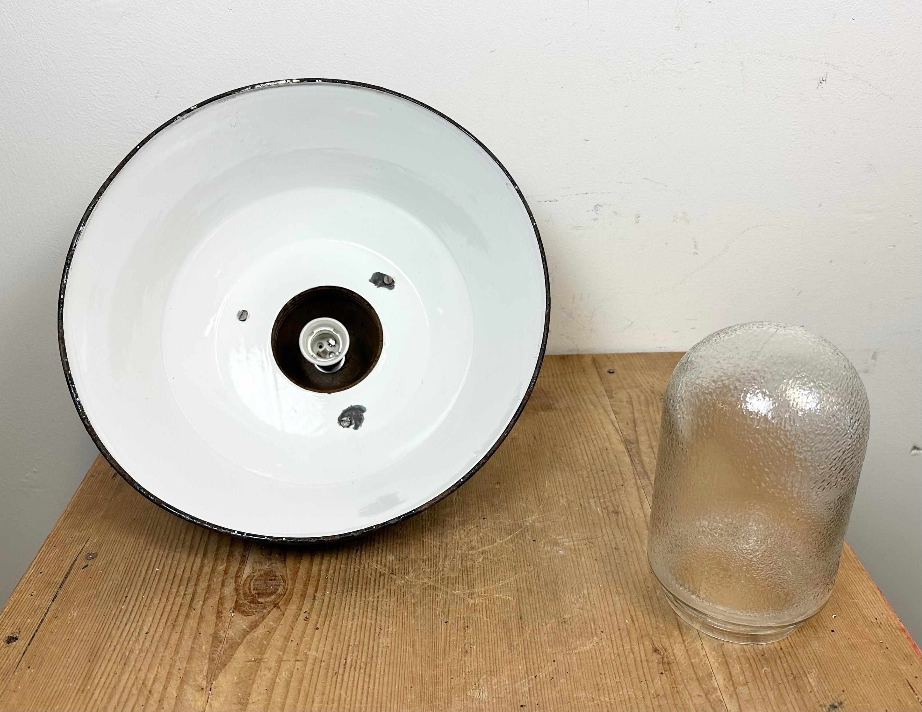 Industrial Grey Enamel and Cast Iron Pendant Light with Glass Cover, 1960s For Sale 7