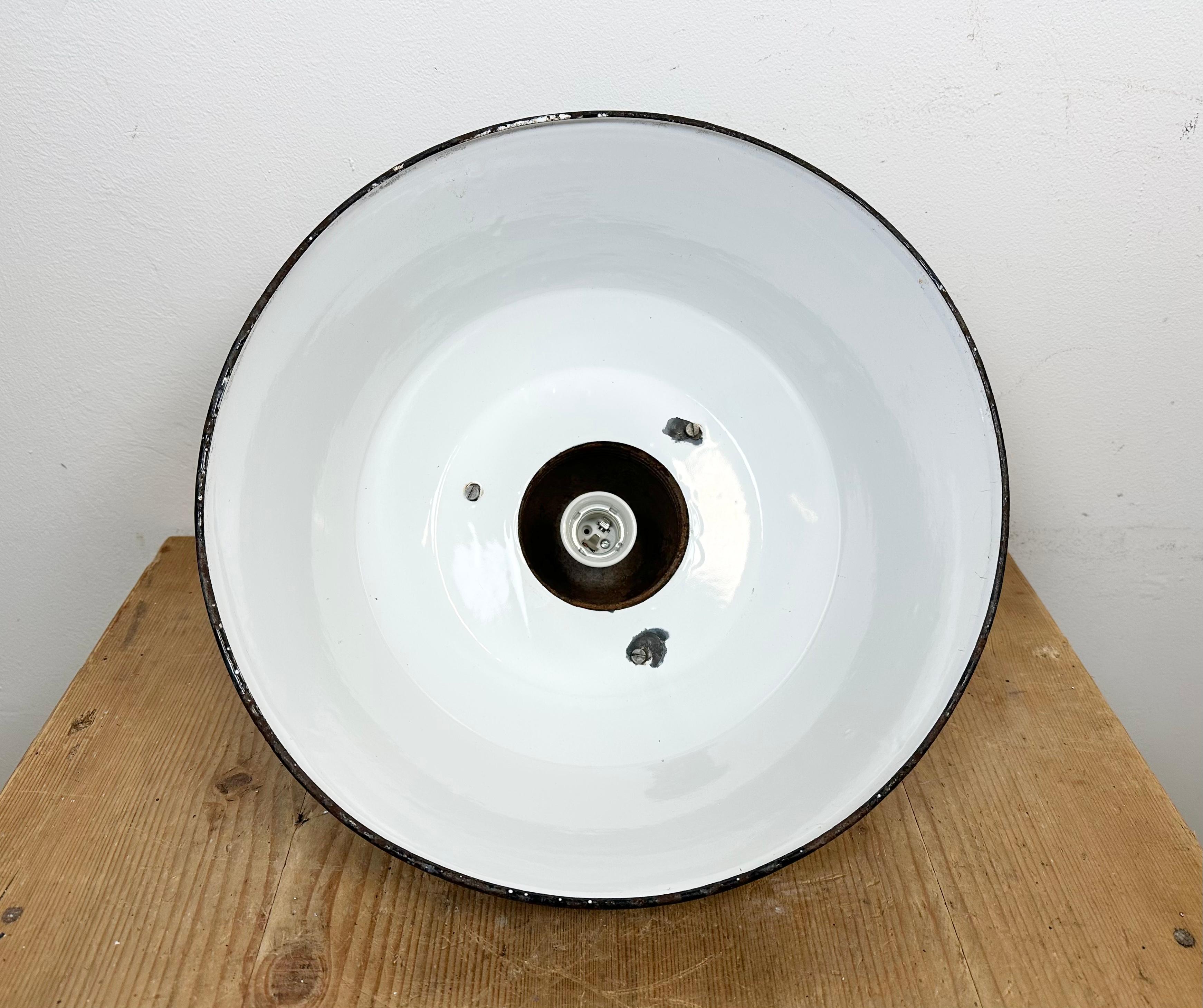 Industrial Grey Enamel and Cast Iron Pendant Light with Glass Cover, 1960s For Sale 9