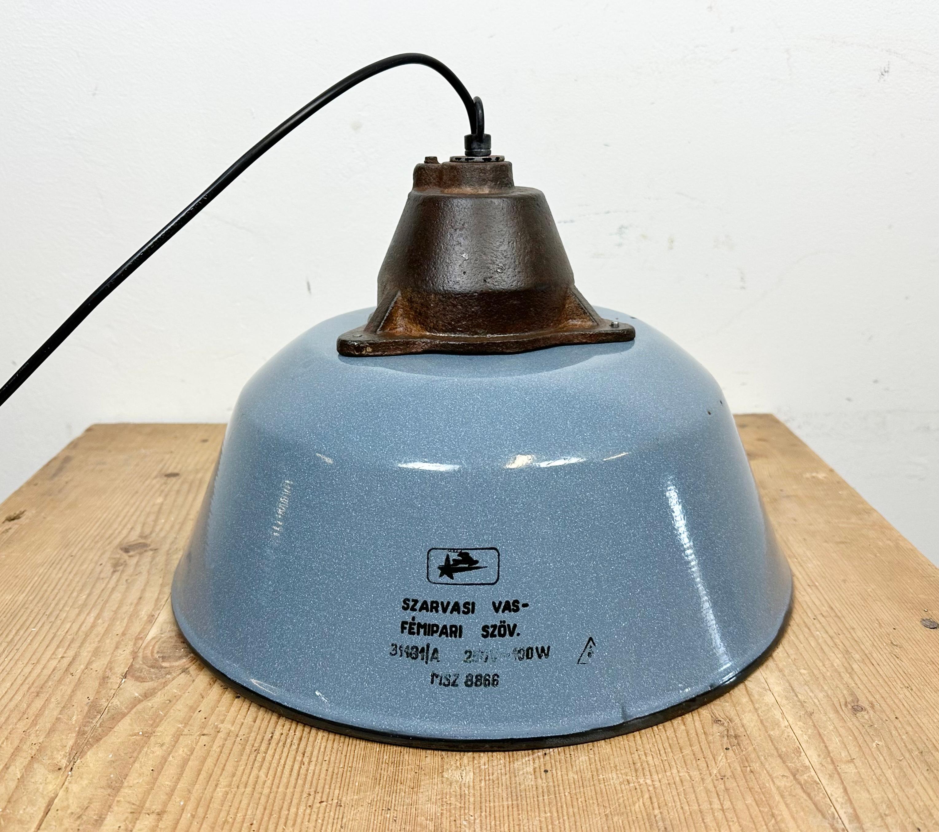 Industrial Grey Enamel and Cast Iron Pendant Light with Glass Cover, 1960s For Sale 10