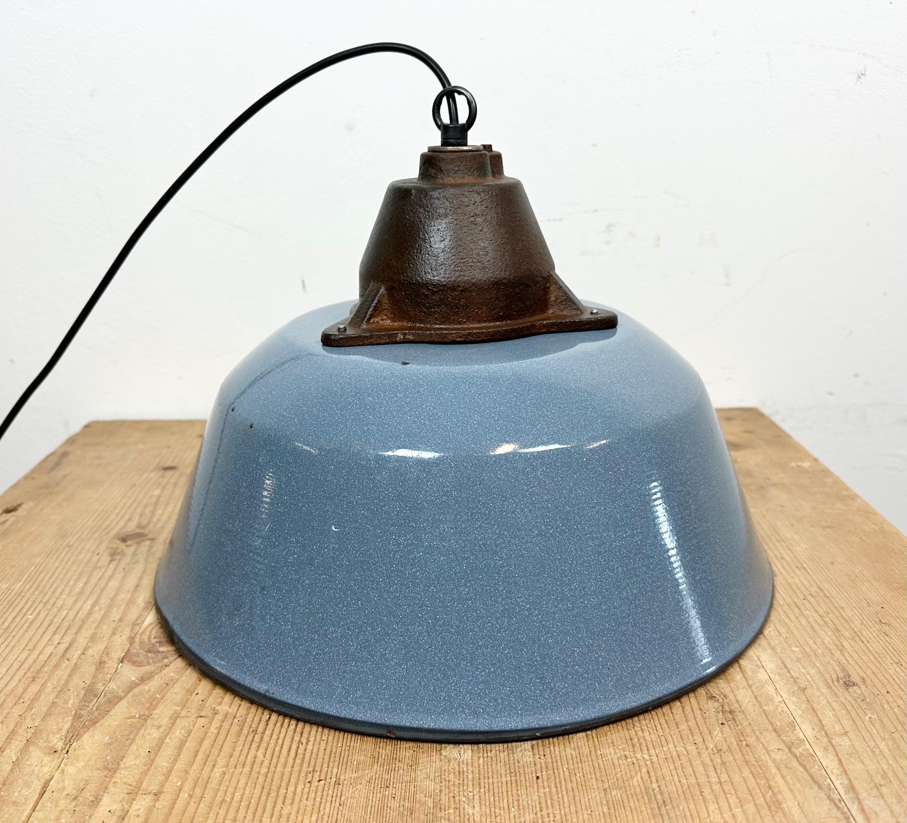 Industrial Grey Enamel and Cast Iron Pendant Light with Glass Cover, 1960s For Sale 12