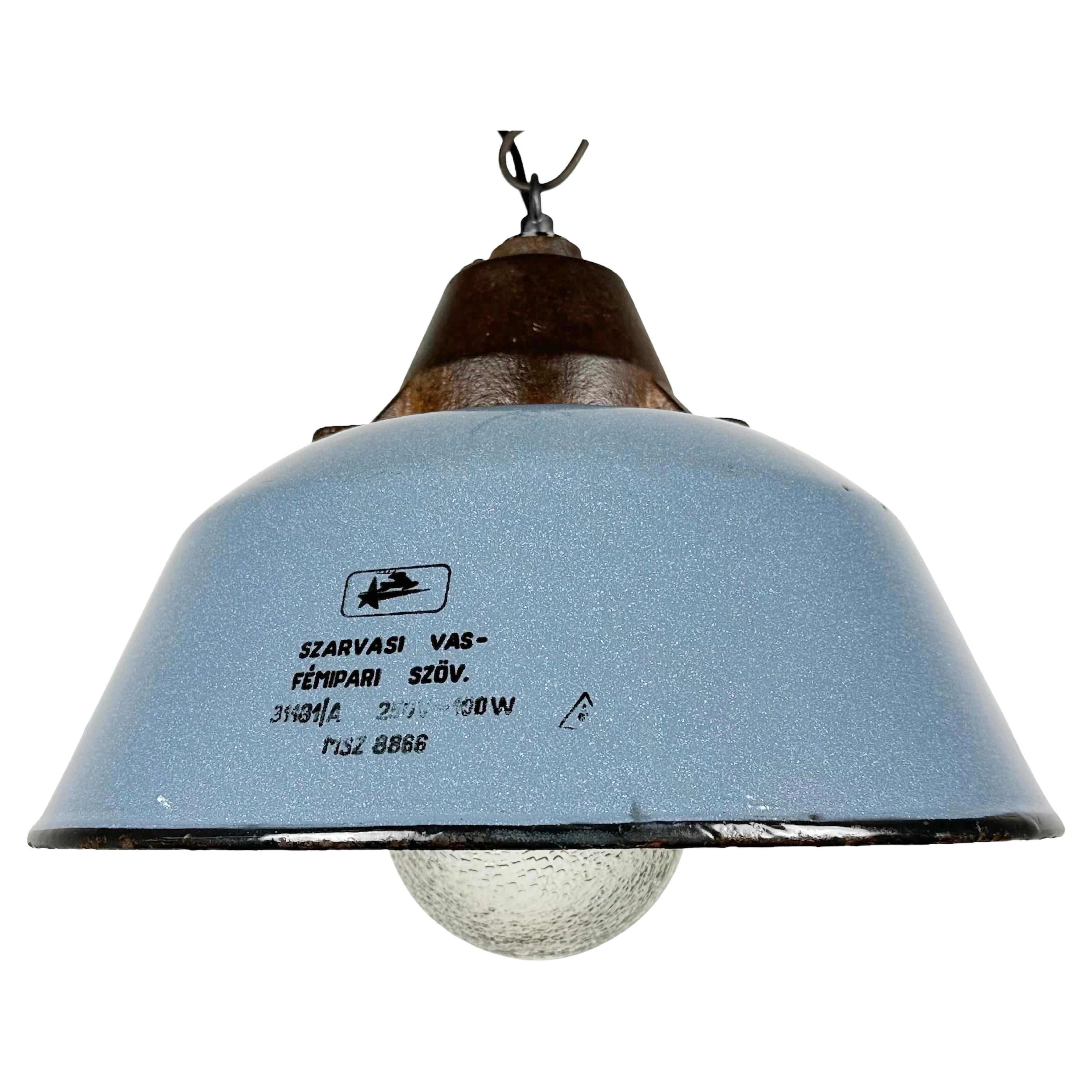 Industrial Grey Enamel and Cast Iron Pendant Light with Glass Cover, 1960s For Sale