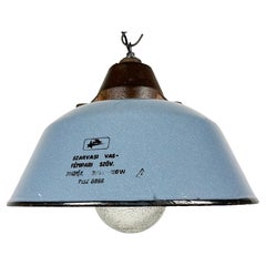 Lampe à suspension industrielle en émail gris et fonte avec couvercle en verre, années 1960