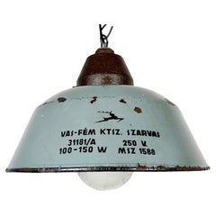 Vintage Industrial Grey Enamel and Cast Iron Pendant Light with Glass Cover, 1960s