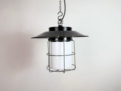 Industrial Grey Enamel Cage Pendant Lamp, 1960s