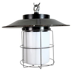 Industrial Grey Enamel Cage Pendant Lamp, 1960s