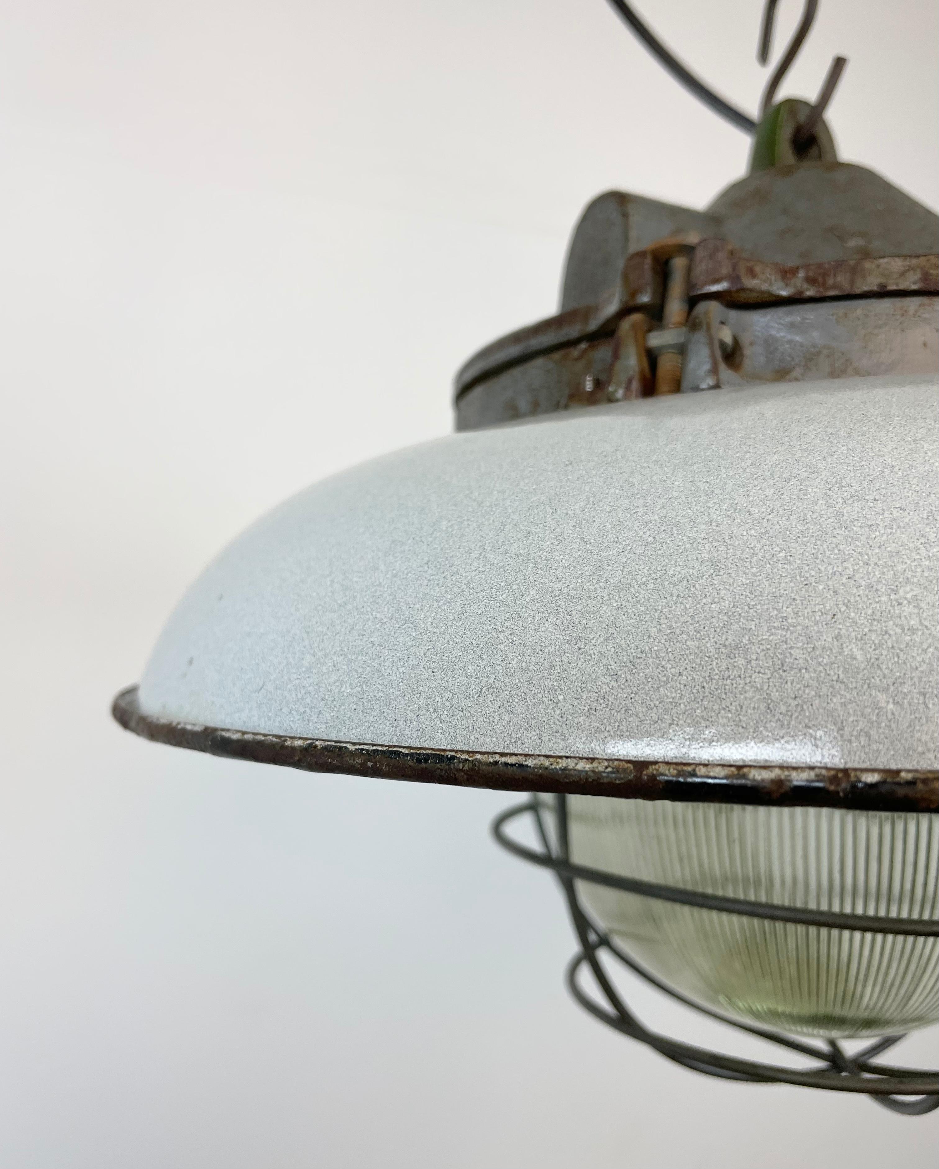 Industrial Grey Enamel Factory Cage Pendant Lamp in Cast Iron from Zaos, 1960s For Sale 6