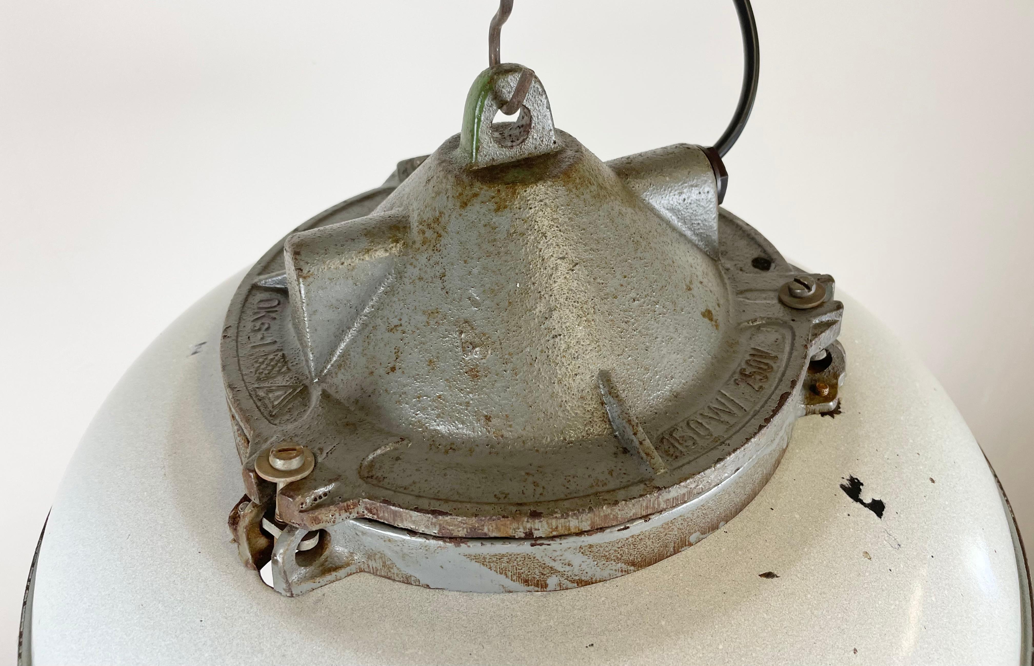 Industrial Grey Enamel Factory Cage Pendant Lamp in Cast Iron from Zaos, 1960s For Sale 7