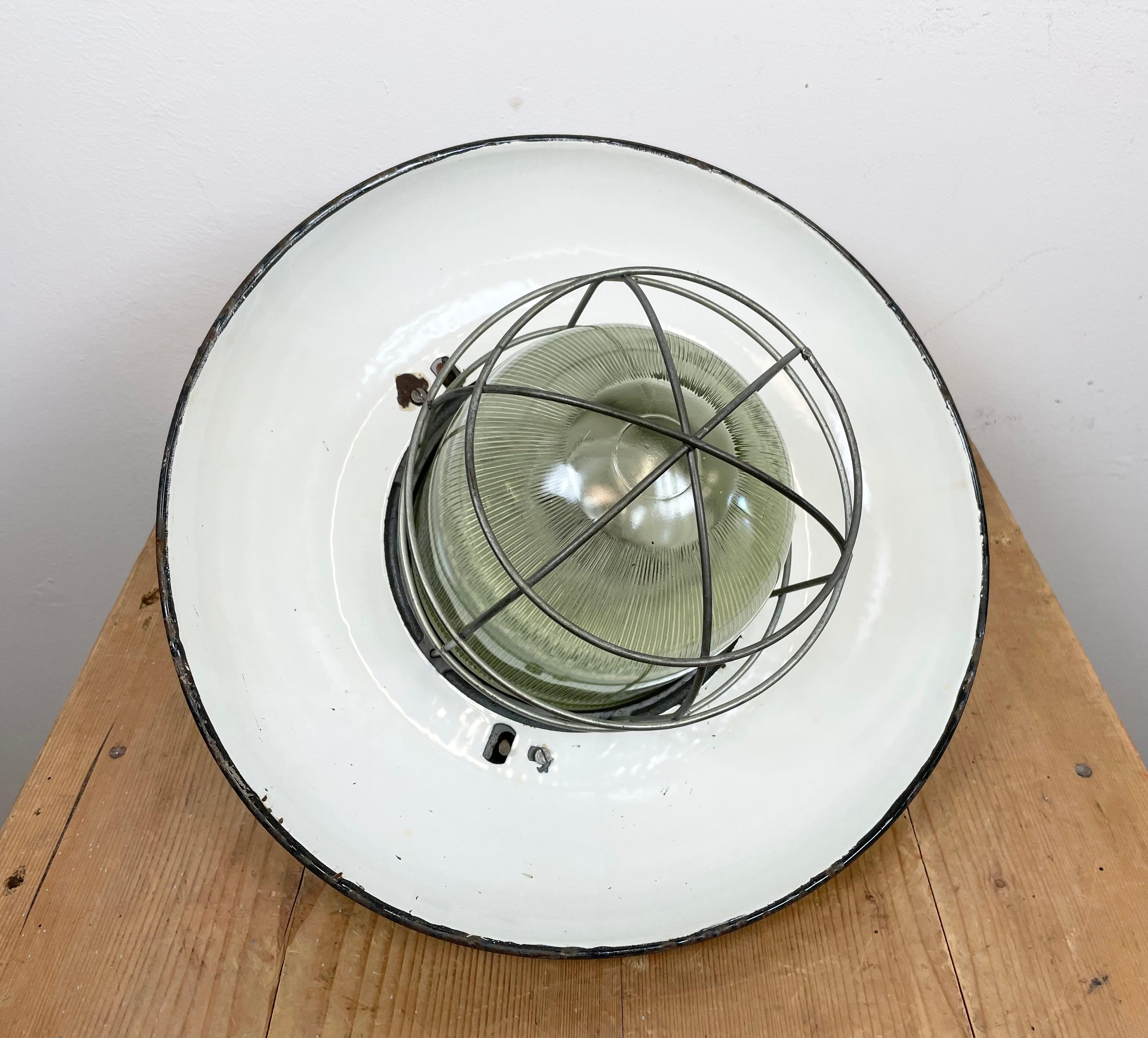 Industrial Grey Enamel Factory Cage Pendant Lamp in Cast Iron from Zaos, 1960s For Sale 11
