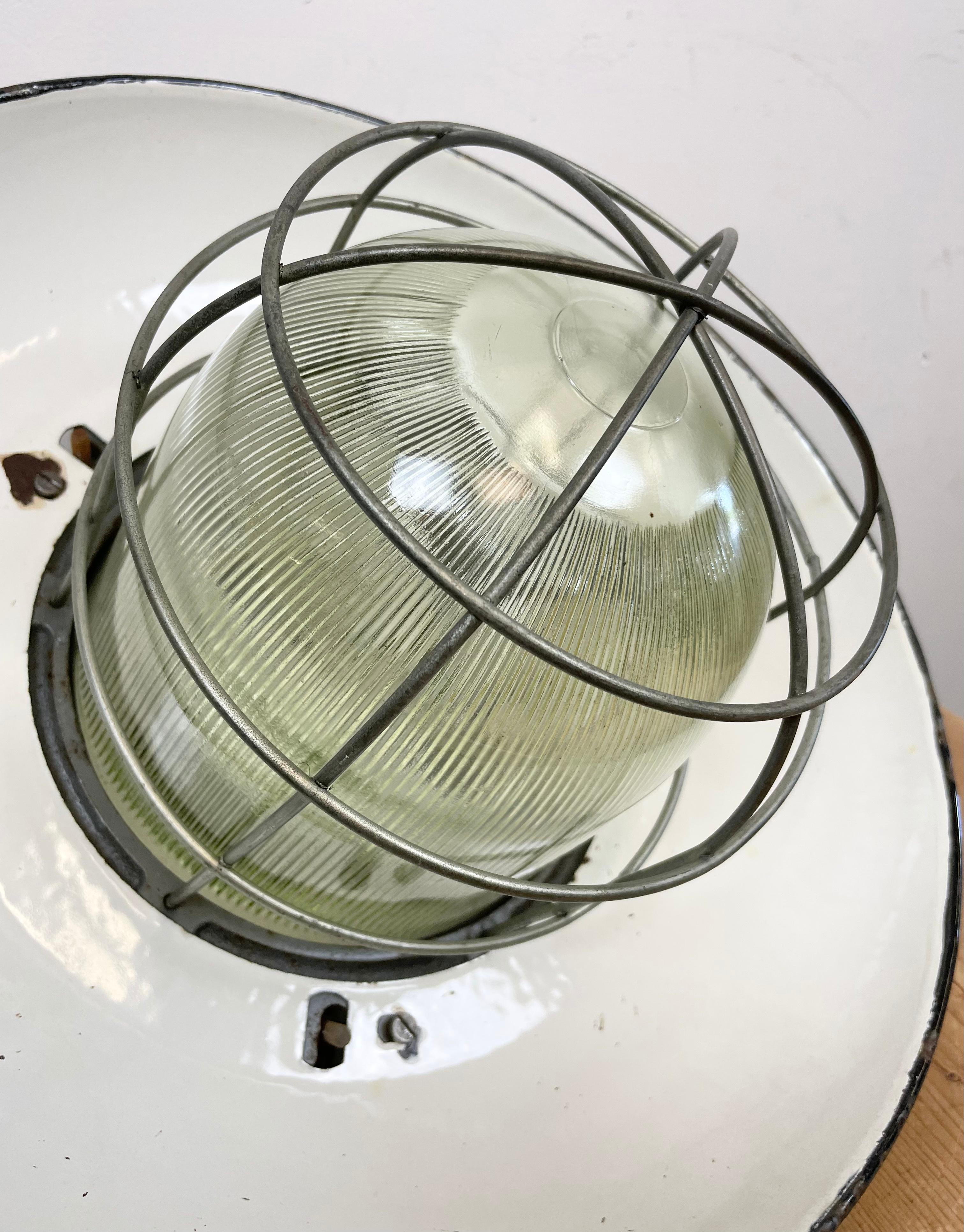 Industrial Grey Enamel Factory Cage Pendant Lamp in Cast Iron from Zaos, 1960s For Sale 12