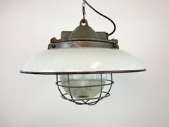 Industrial Grey Enamel Factory Cage Pendant Lamp in Cast Iron from Zaos, 1960s