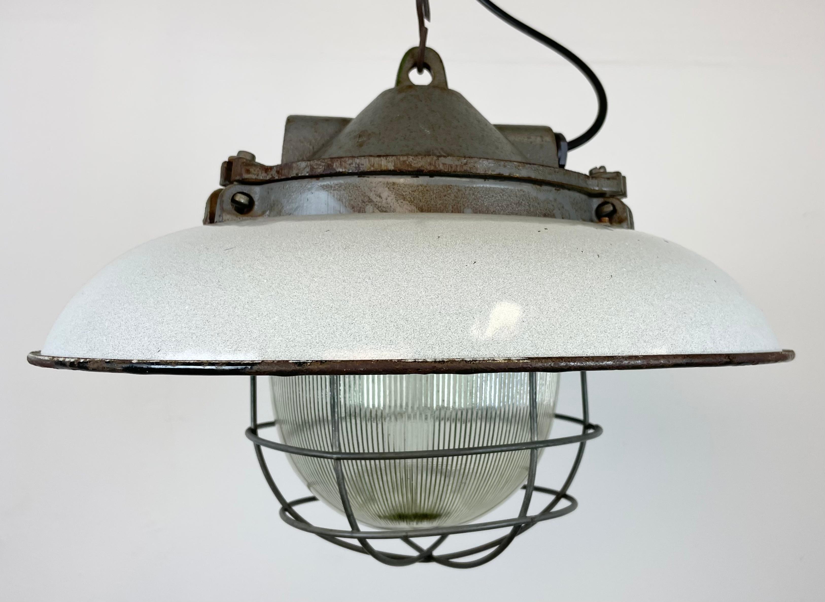 Polish Industrial Grey Enamel Factory Cage Pendant Lamp in Cast Iron from Zaos, 1960s For Sale
