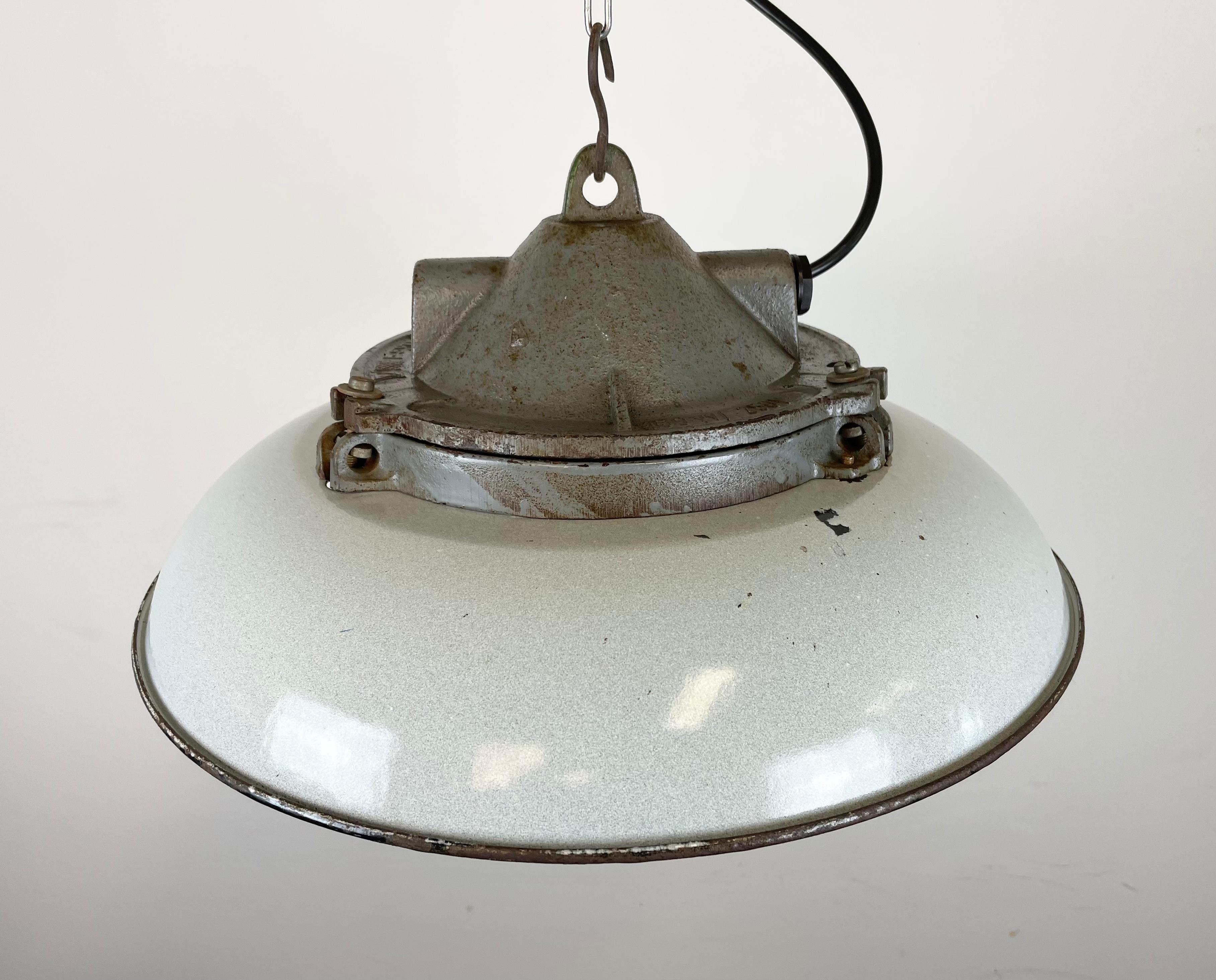Industrial Grey Enamel Factory Cage Pendant Lamp in Cast Iron from Zaos, 1960s For Sale 1