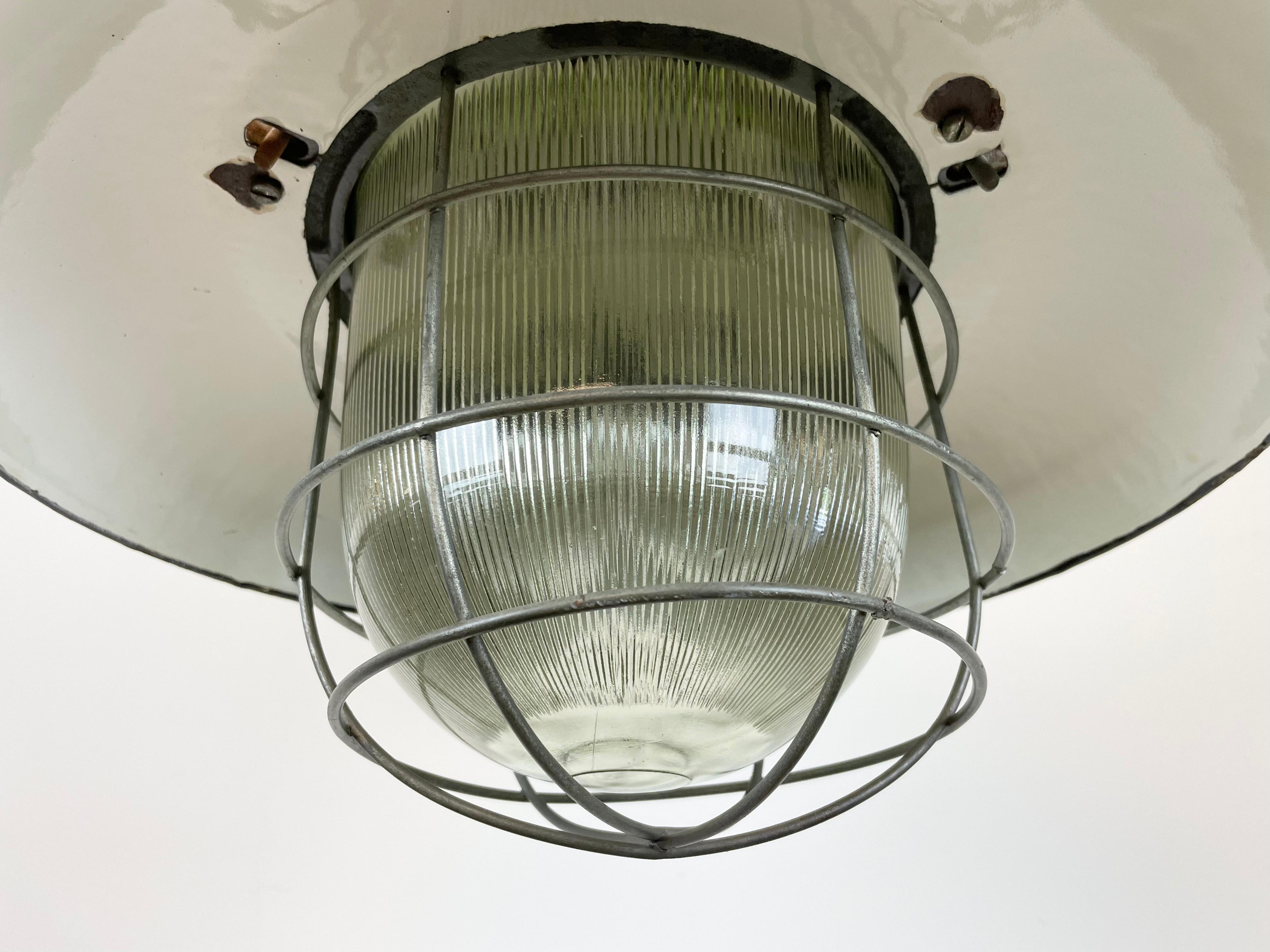 Industrial Grey Enamel Factory Cage Pendant Lamp in Cast Iron from Zaos, 1960s For Sale 2