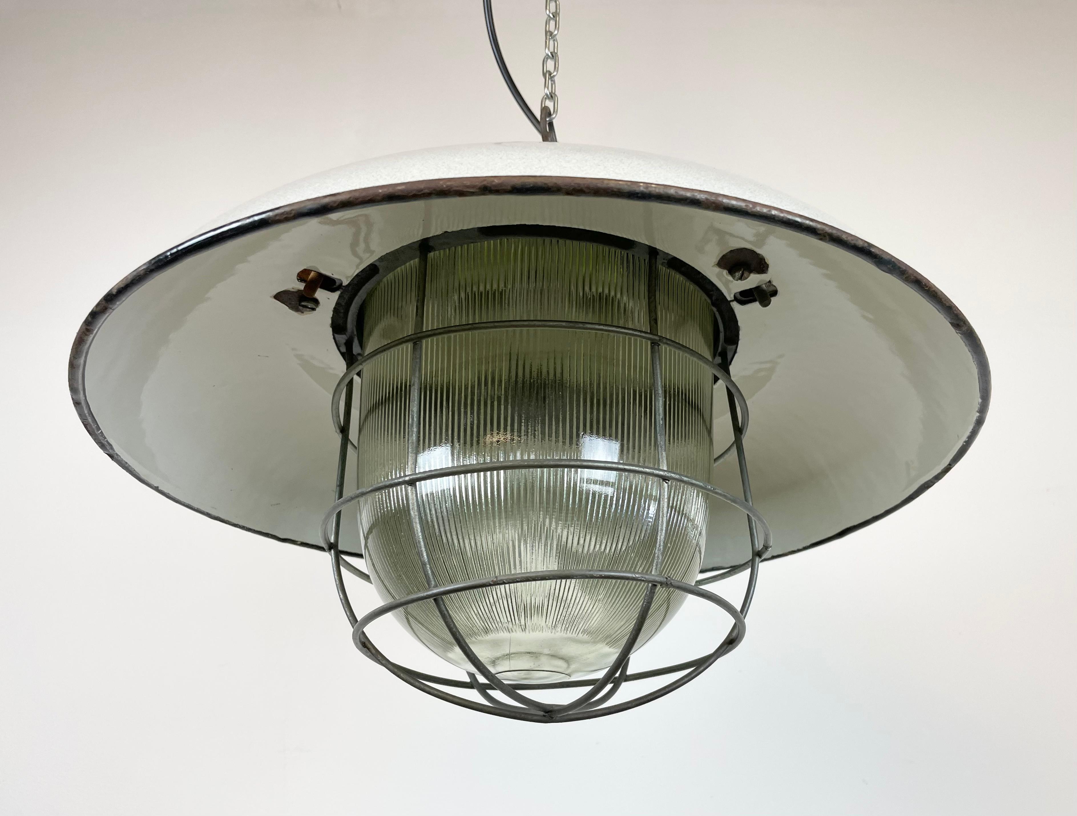 Industrial Grey Enamel Factory Cage Pendant Lamp in Cast Iron from Zaos, 1960s For Sale 3