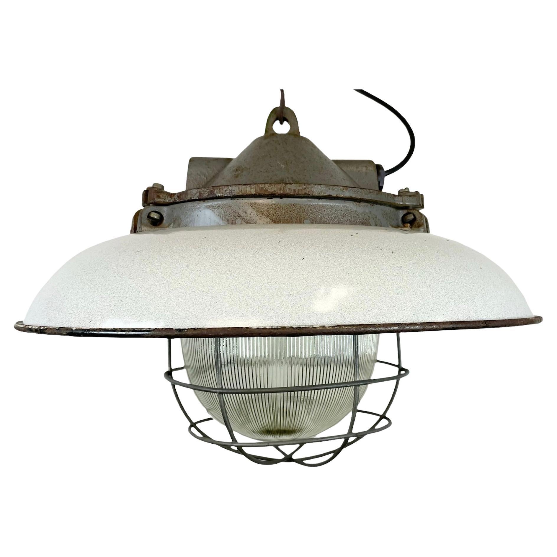 Industrial Grey Enamel Factory Cage Pendant Lamp in Cast Iron from Zaos, 1960s For Sale