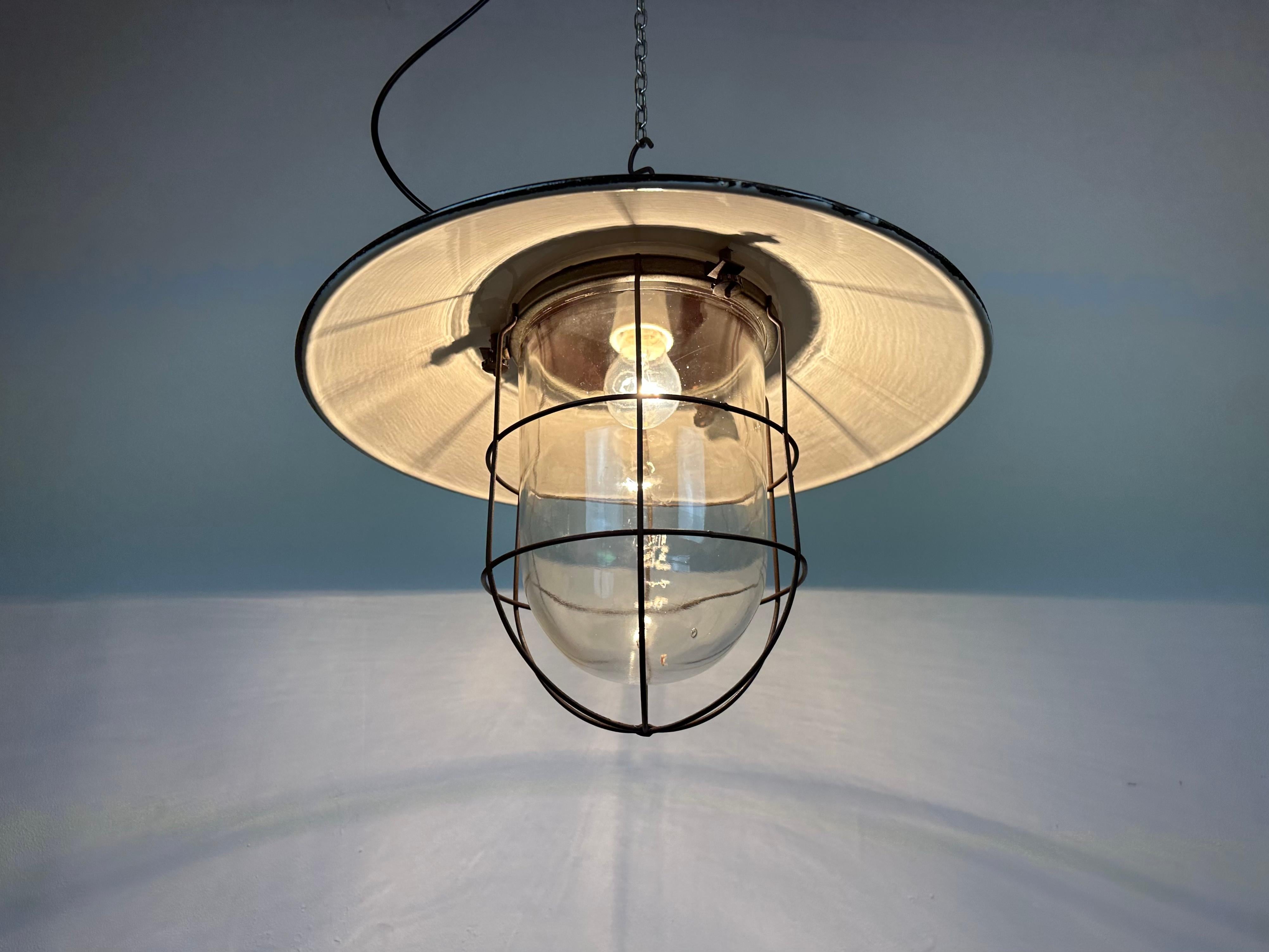 Industrial Grey Enamel Factory Hanging Cage Lamp, 1960s For Sale 5