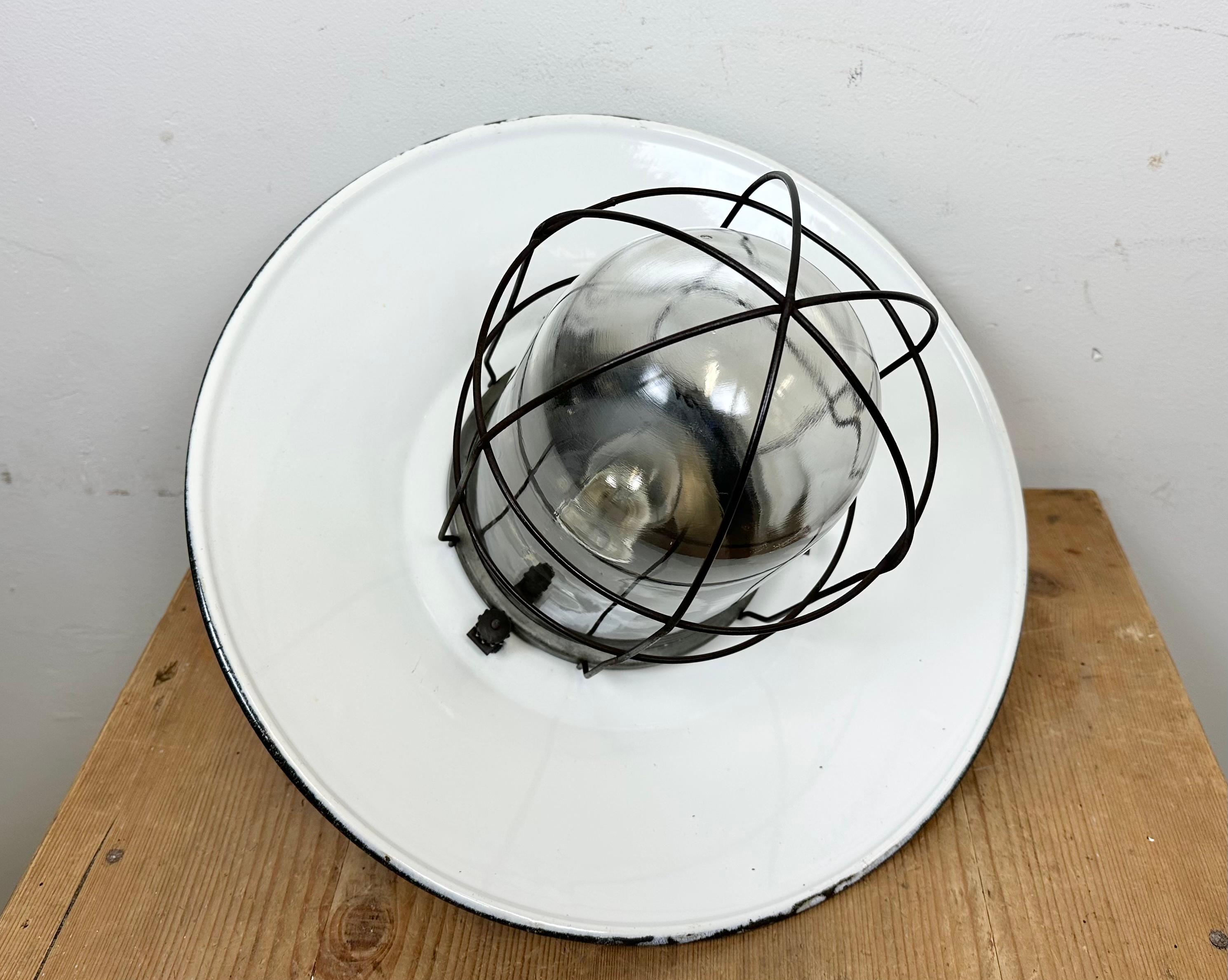 Industrial Grey Enamel Factory Hanging Cage Lamp, 1960s For Sale 6