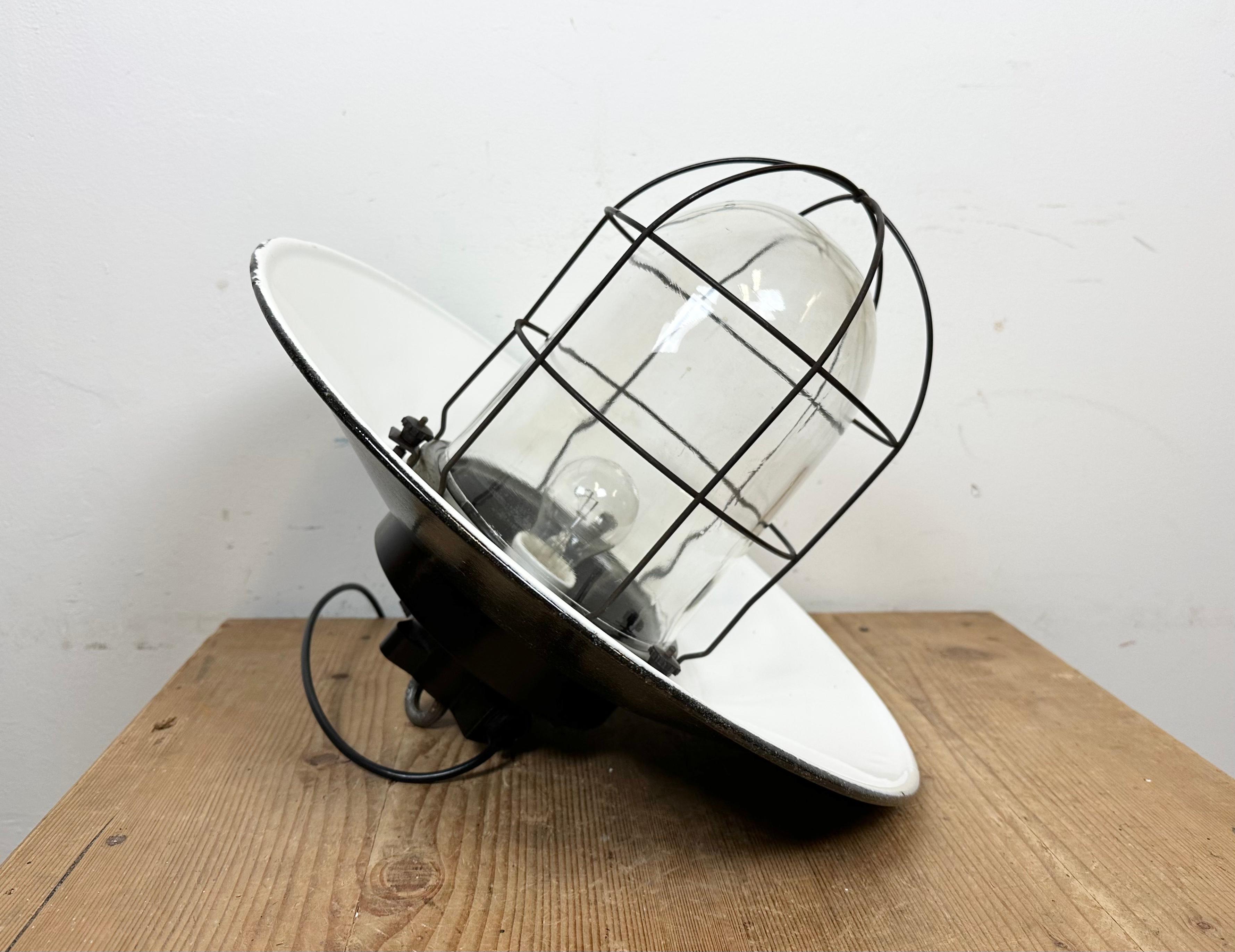 Industrial Grey Enamel Factory Hanging Cage Lamp, 1960s For Sale 8