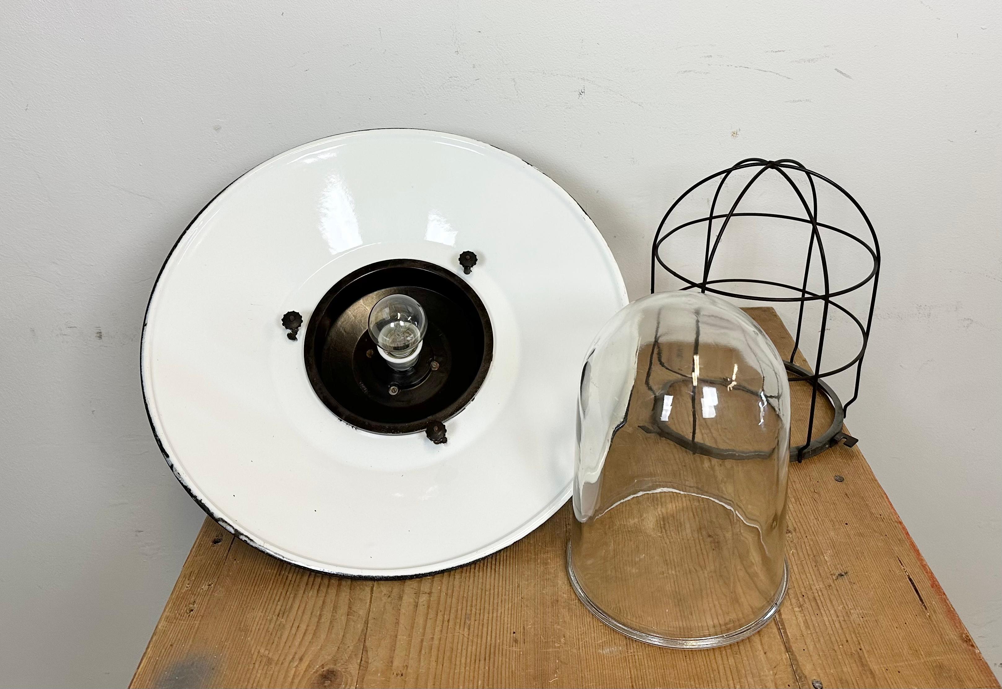 Industrial Grey Enamel Factory Hanging Cage Lamp, 1960s For Sale 9