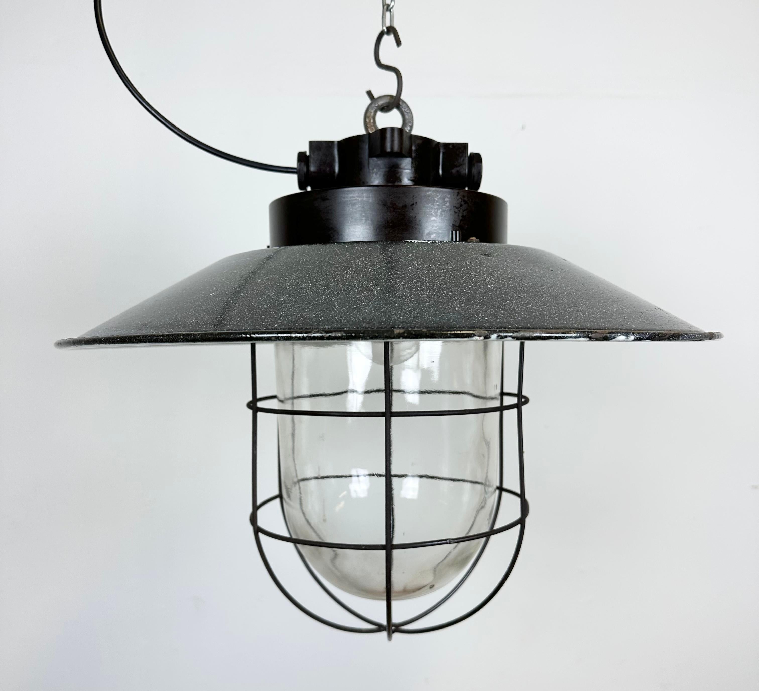 Czech Industrial Grey Enamel Factory Hanging Cage Lamp, 1960s For Sale
