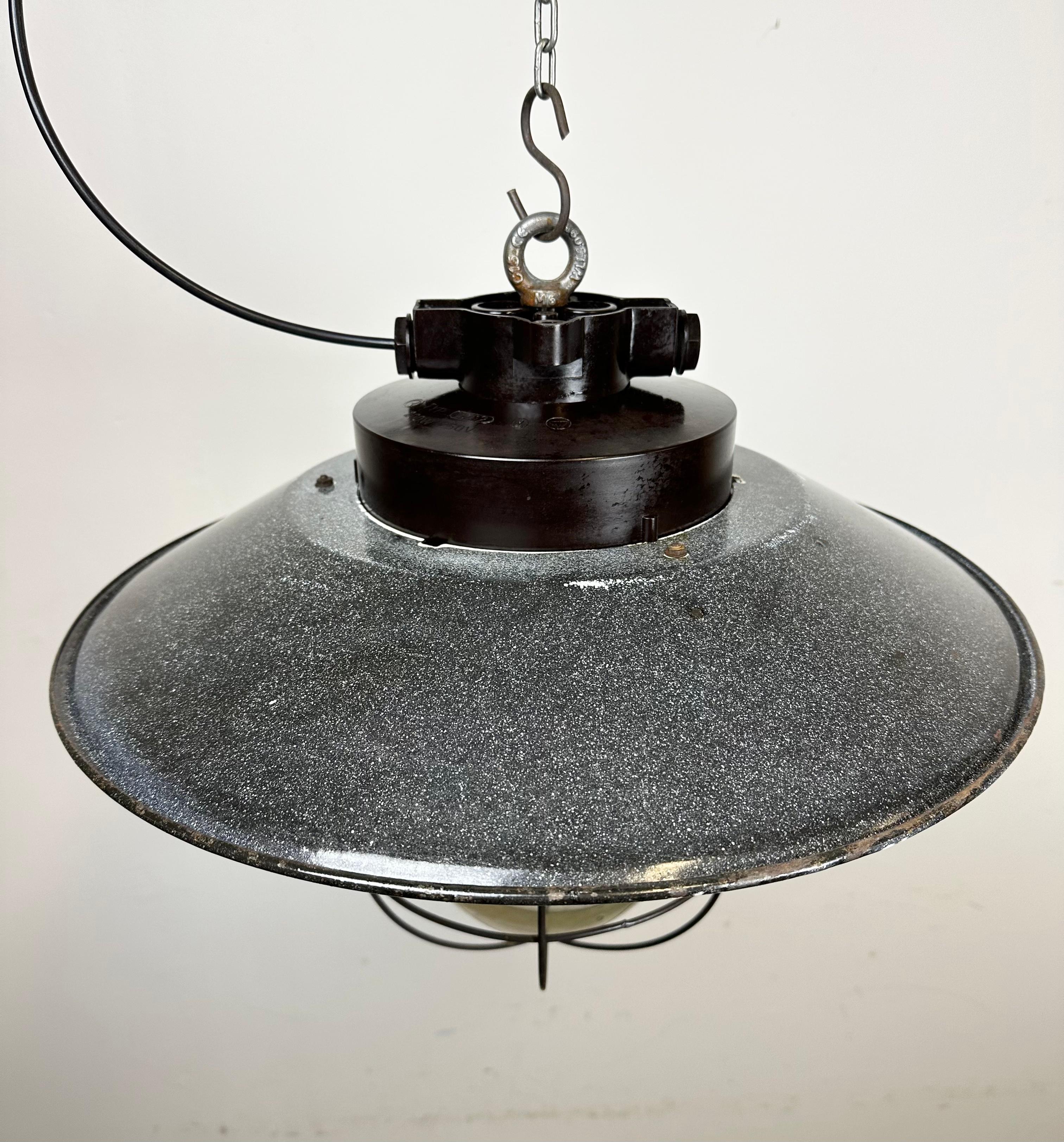 Industrial Grey Enamel Factory Hanging Cage Lamp, 1960s For Sale 2