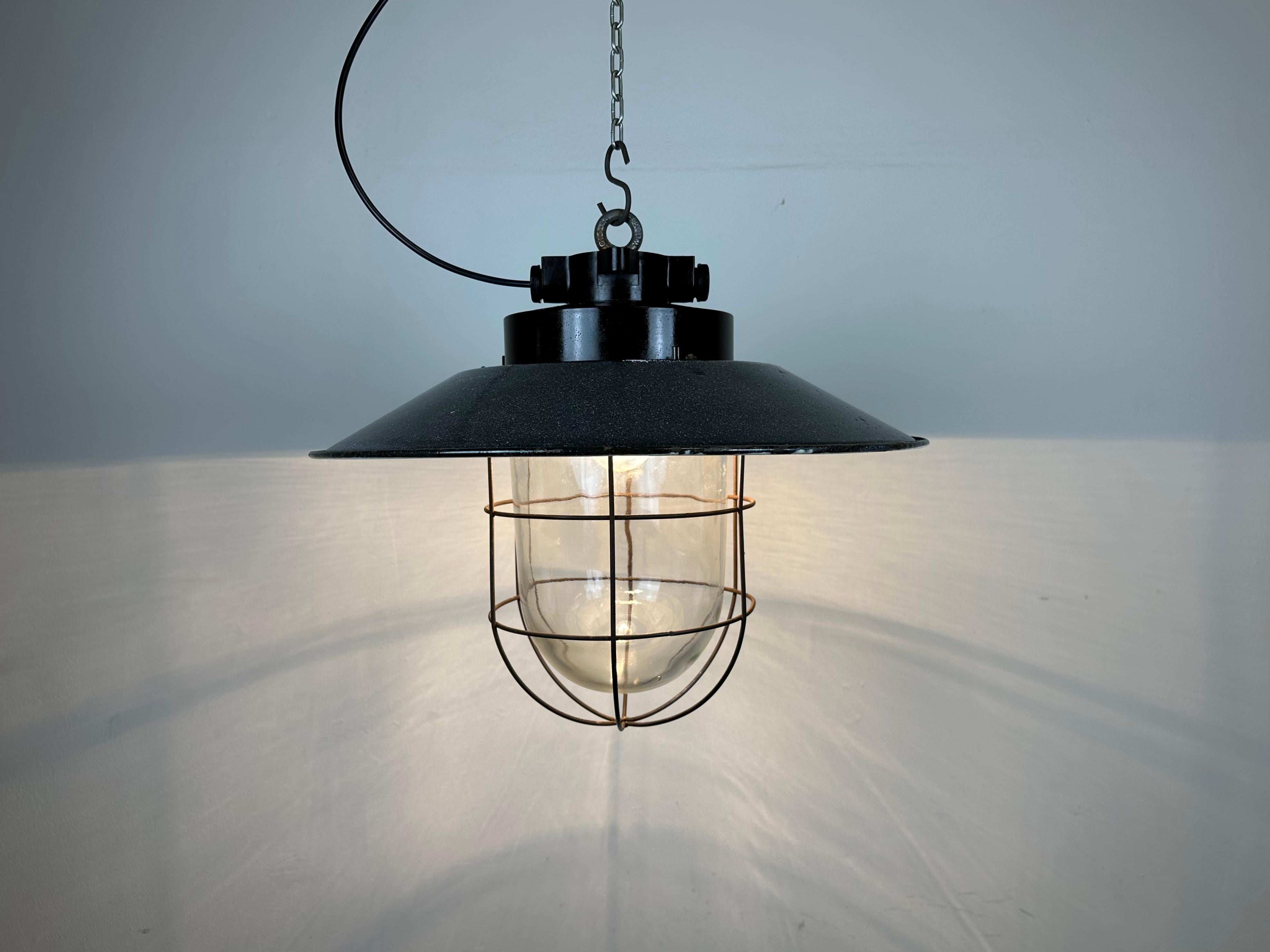 Industrial Grey Enamel Factory Hanging Cage Lamp, 1960s For Sale 4