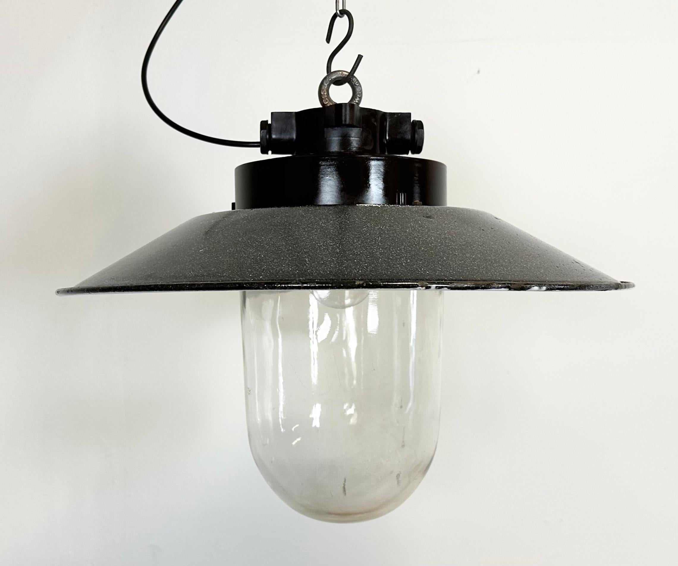 Czech Industrial Grey Enamel Factory Hanging Lamp, 1960s For Sale