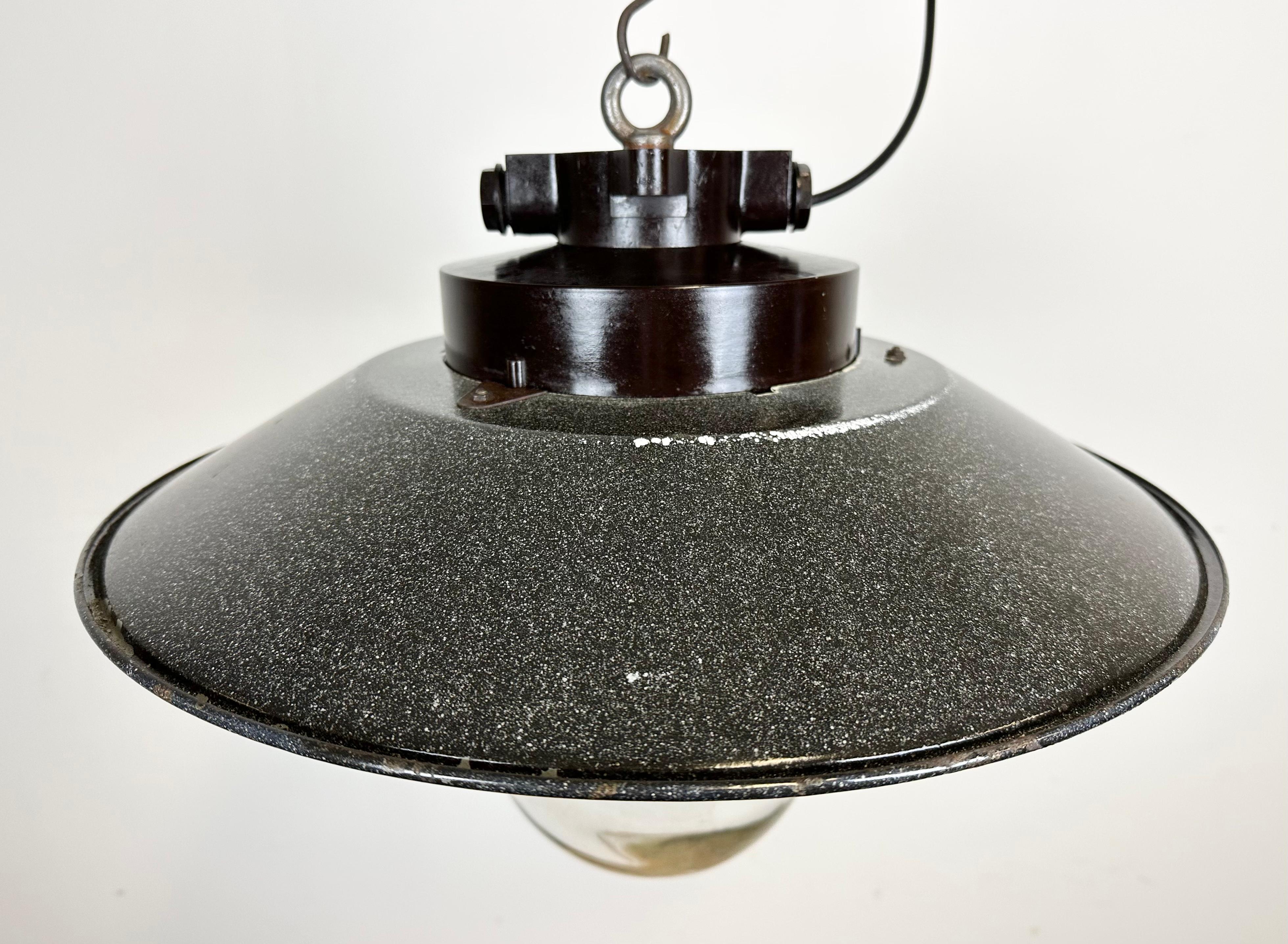 Industrial Grey Enamel Factory Hanging Lamp, 1960s In Good Condition For Sale In Kojetice, CZ