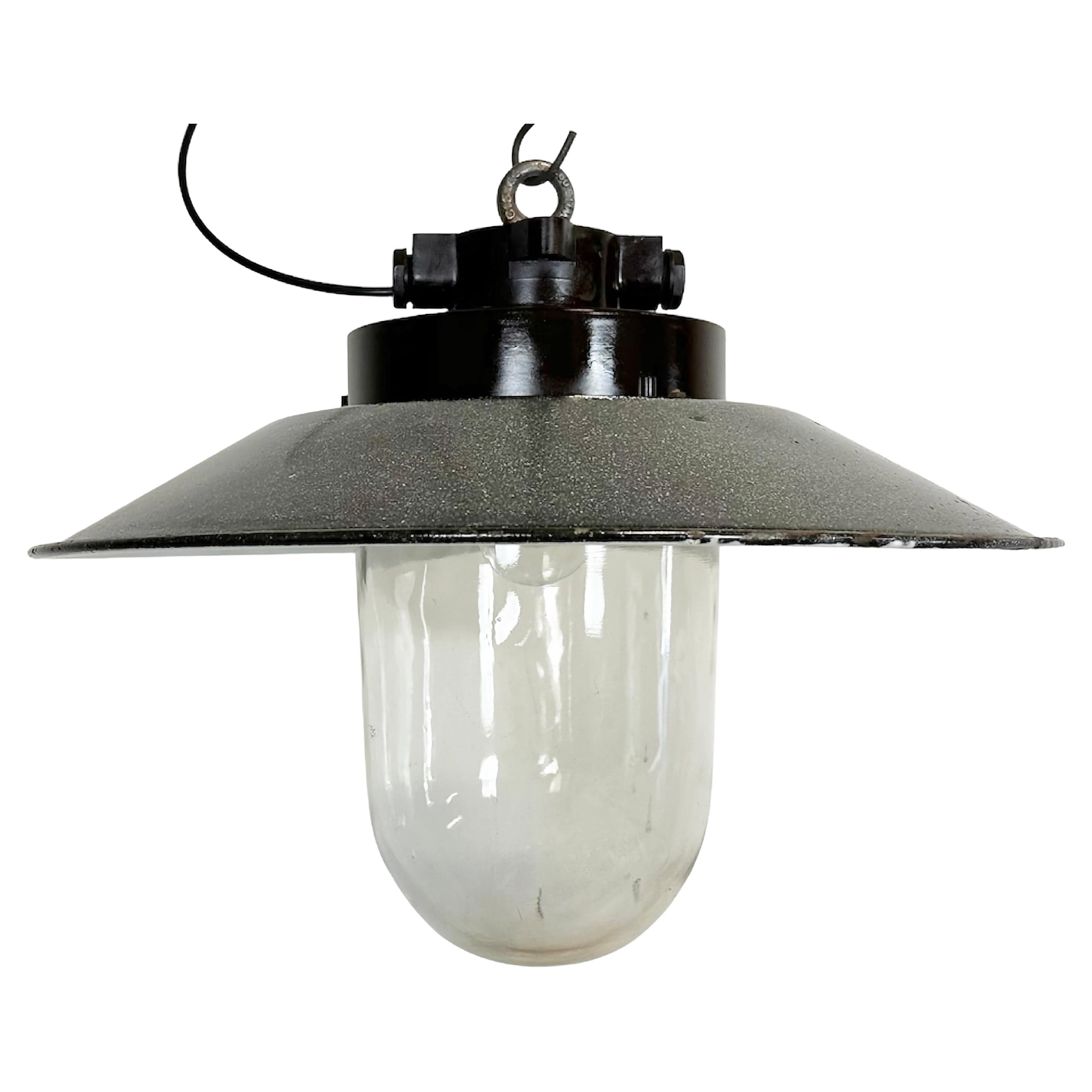 Industrial Grey Enamel Factory Hanging Lamp, 1960s For Sale