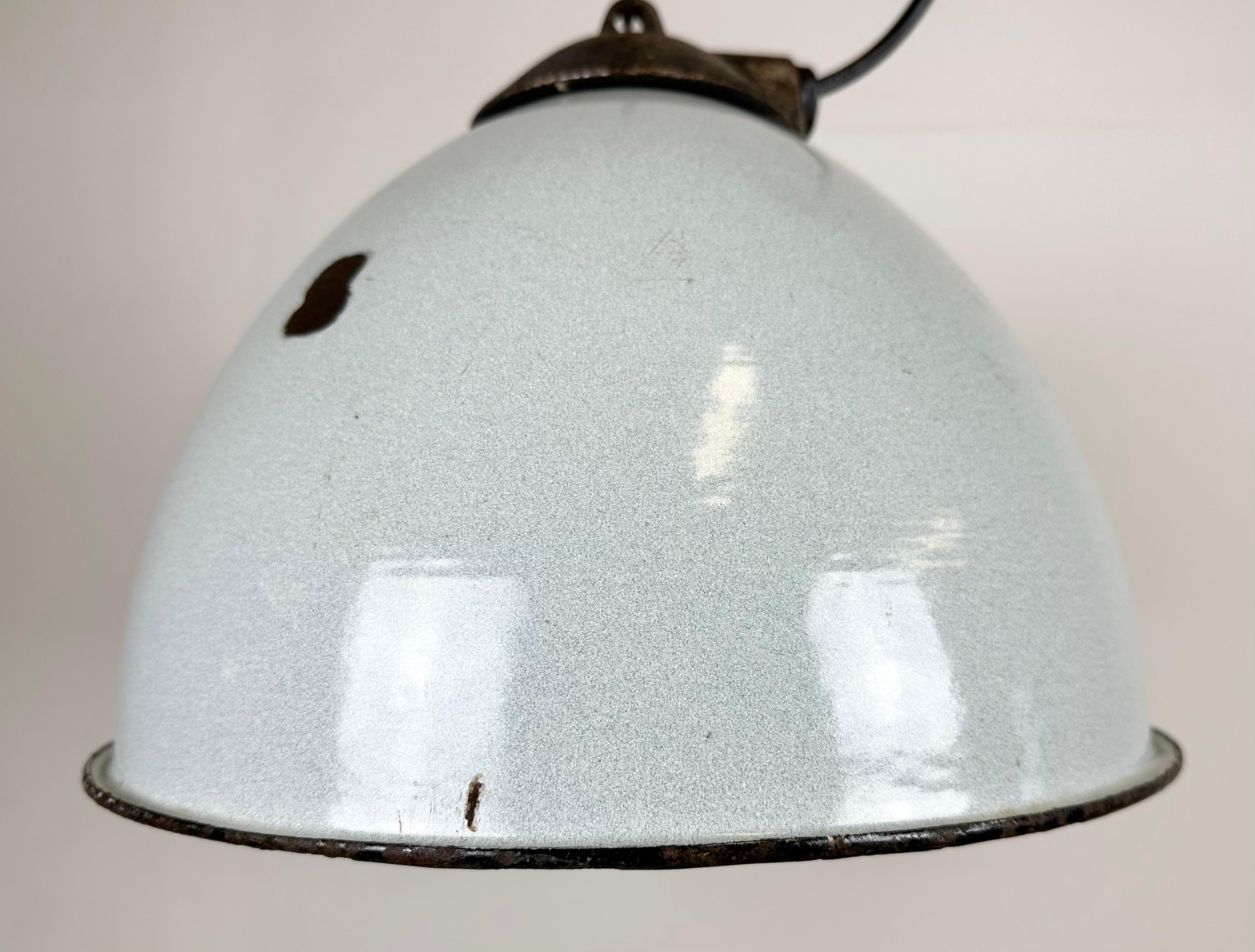 Polish Industrial Grey Enamel Factory Lamp with Cast Iron Top, 1960s For Sale