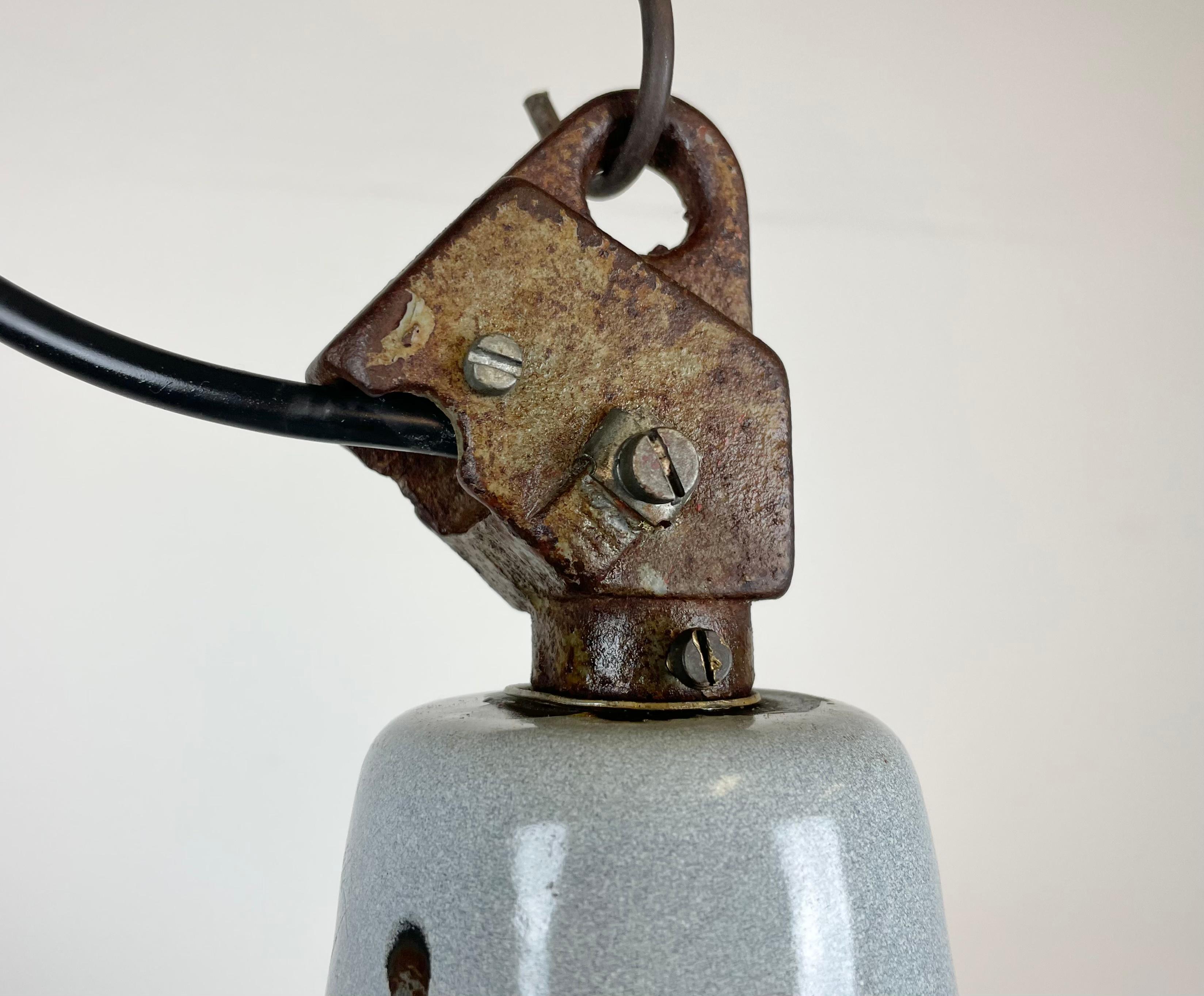 20th Century Industrial Grey Enamel Factory Lamp with Cast Iron Top, 1960s For Sale