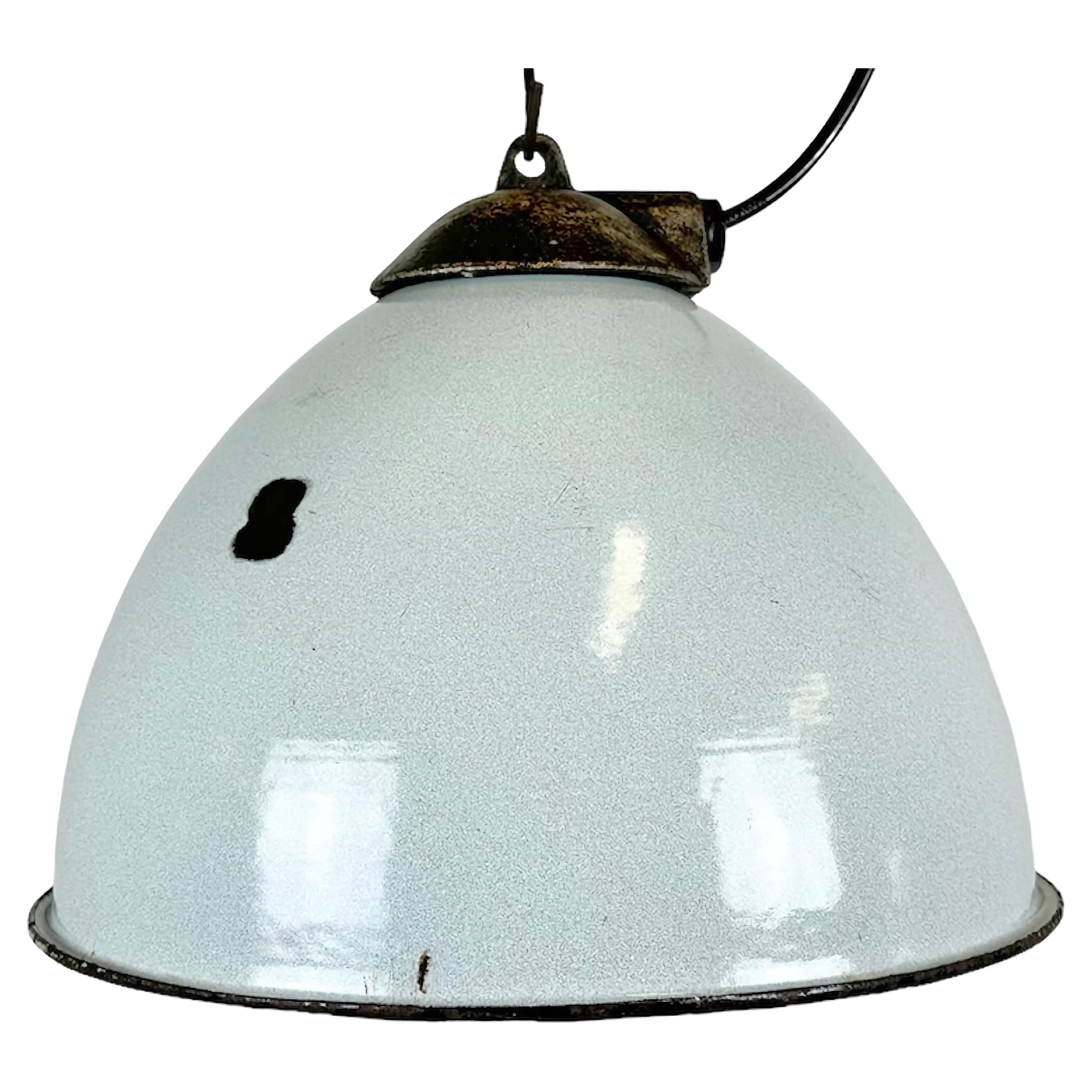 Industrial Grey Enamel Factory Lamp with Cast Iron Top, 1960s For Sale