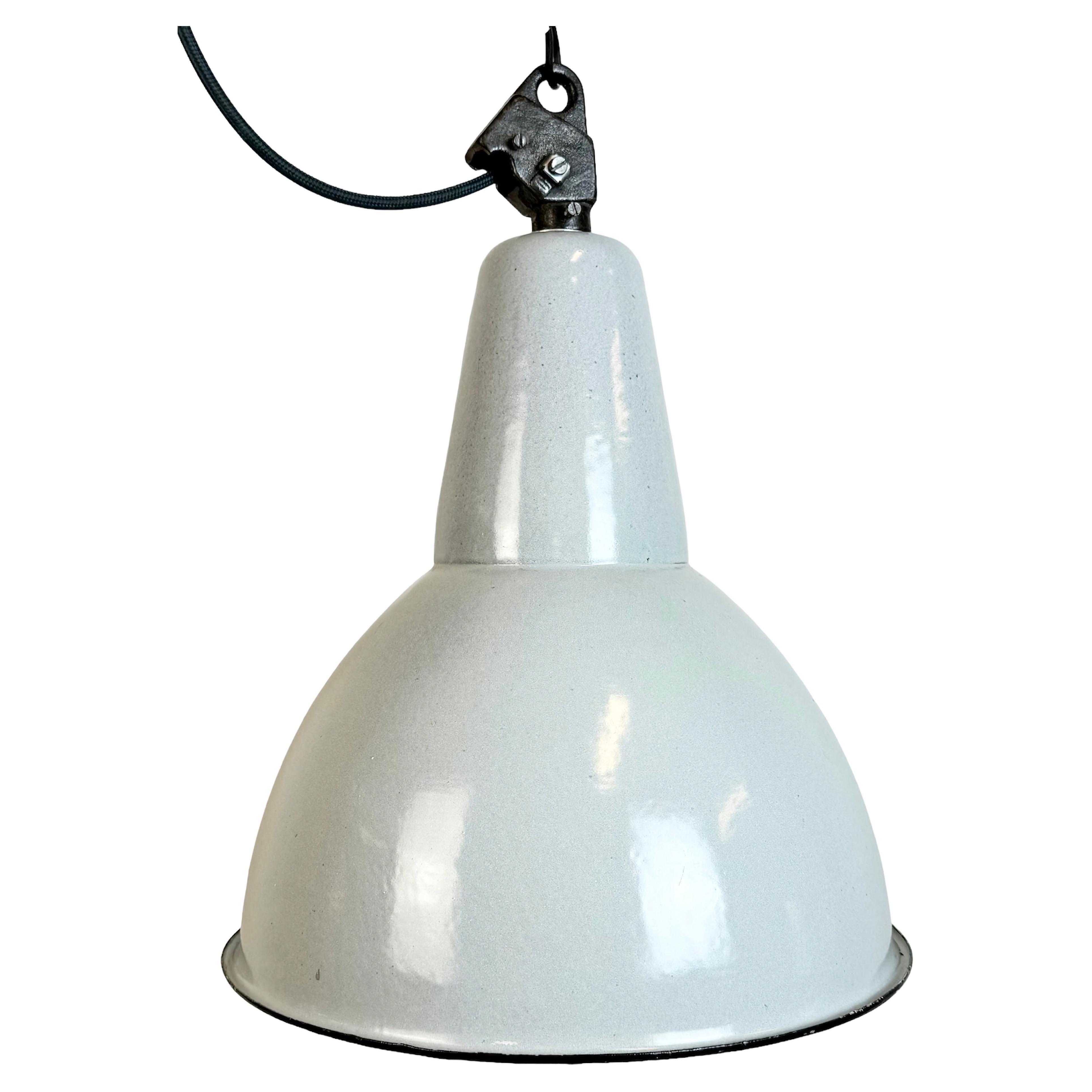Industrial Grey Enamel Factory Lamp with Cast Iron Top, 1960s For Sale