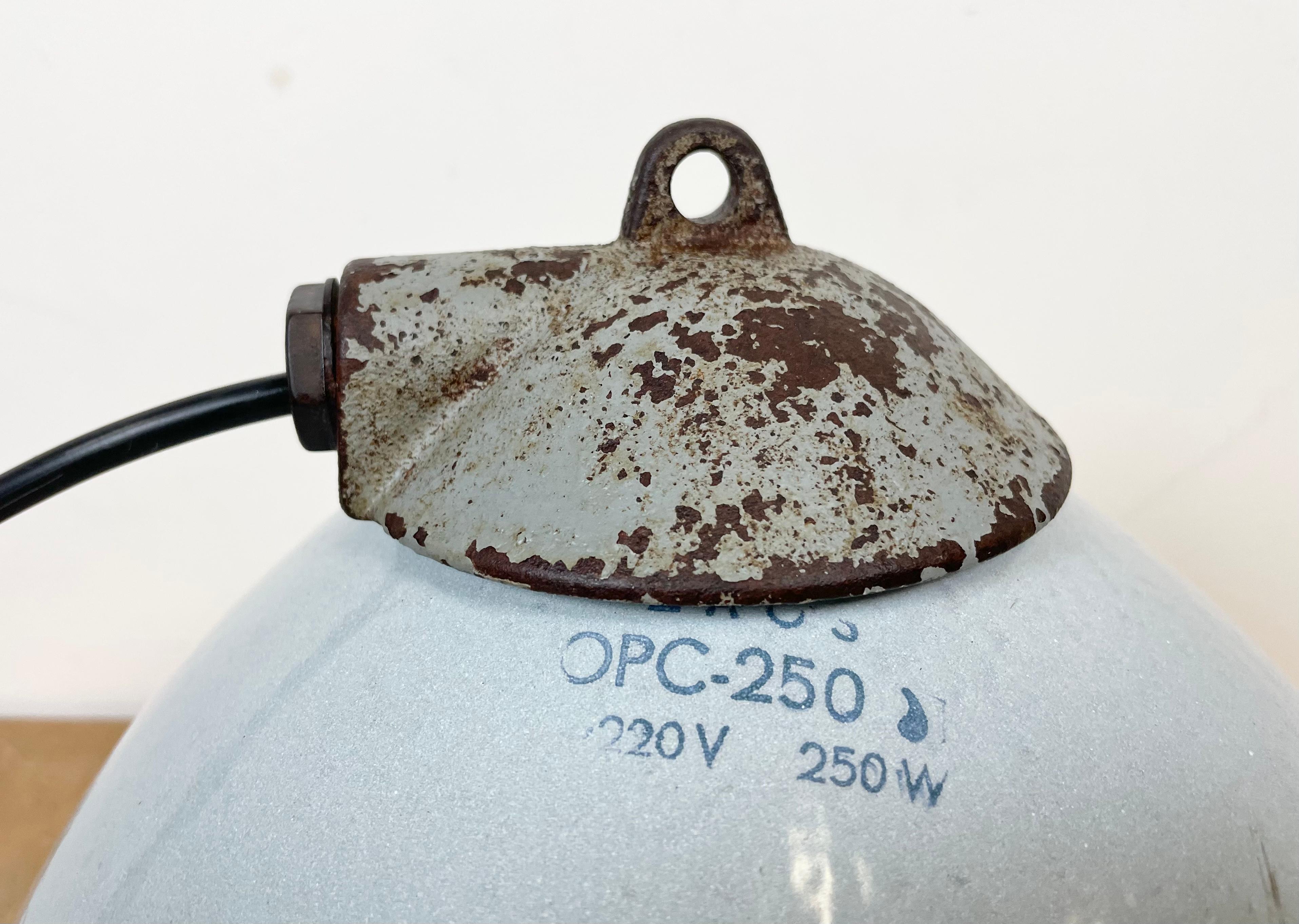Industrial Grey Enamel Factory Lamp with Cast Iron Top from Zaos, 1960s For Sale 8