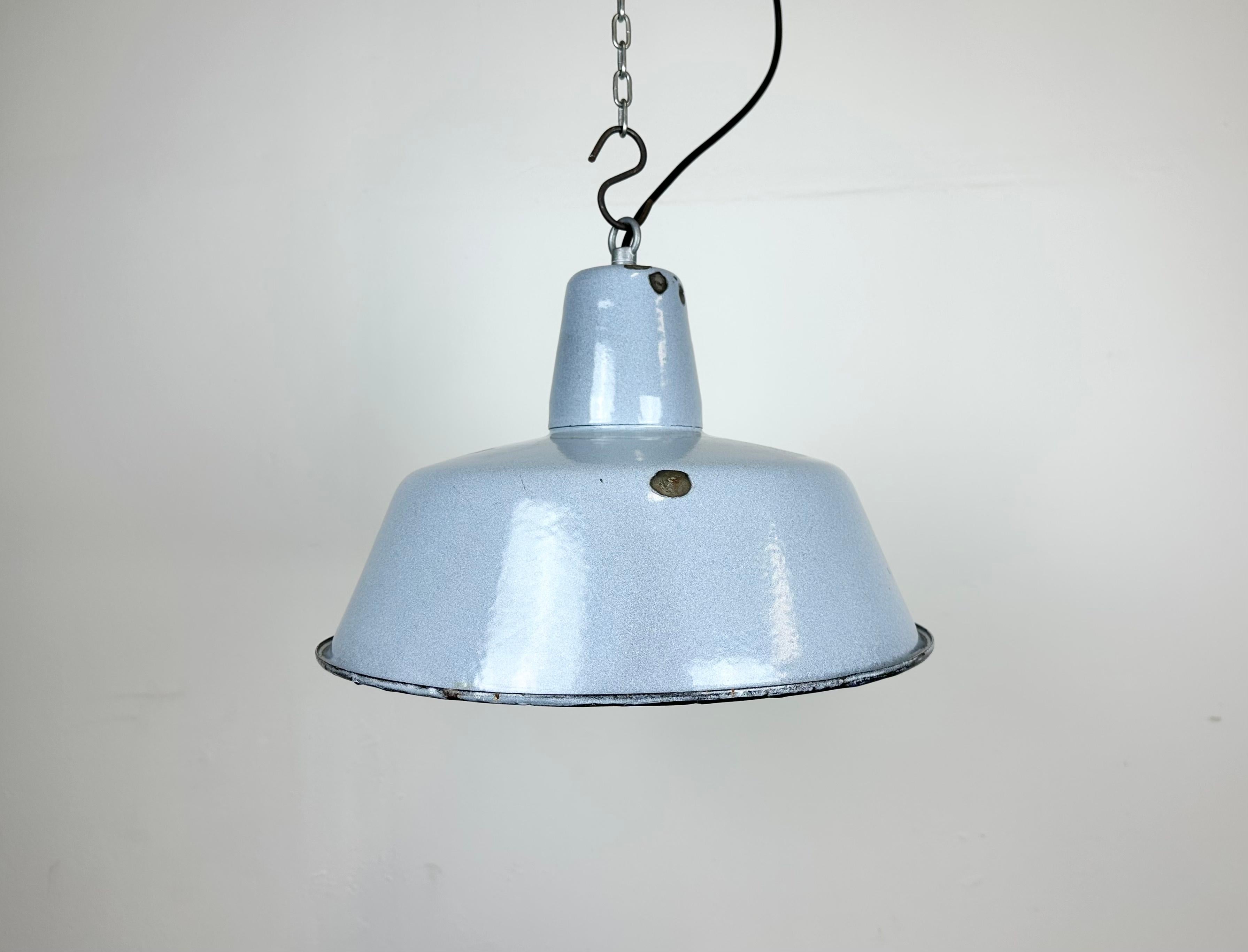 Polish Industrial Grey Enamel Factory Pendant Lamp, 1960s For Sale