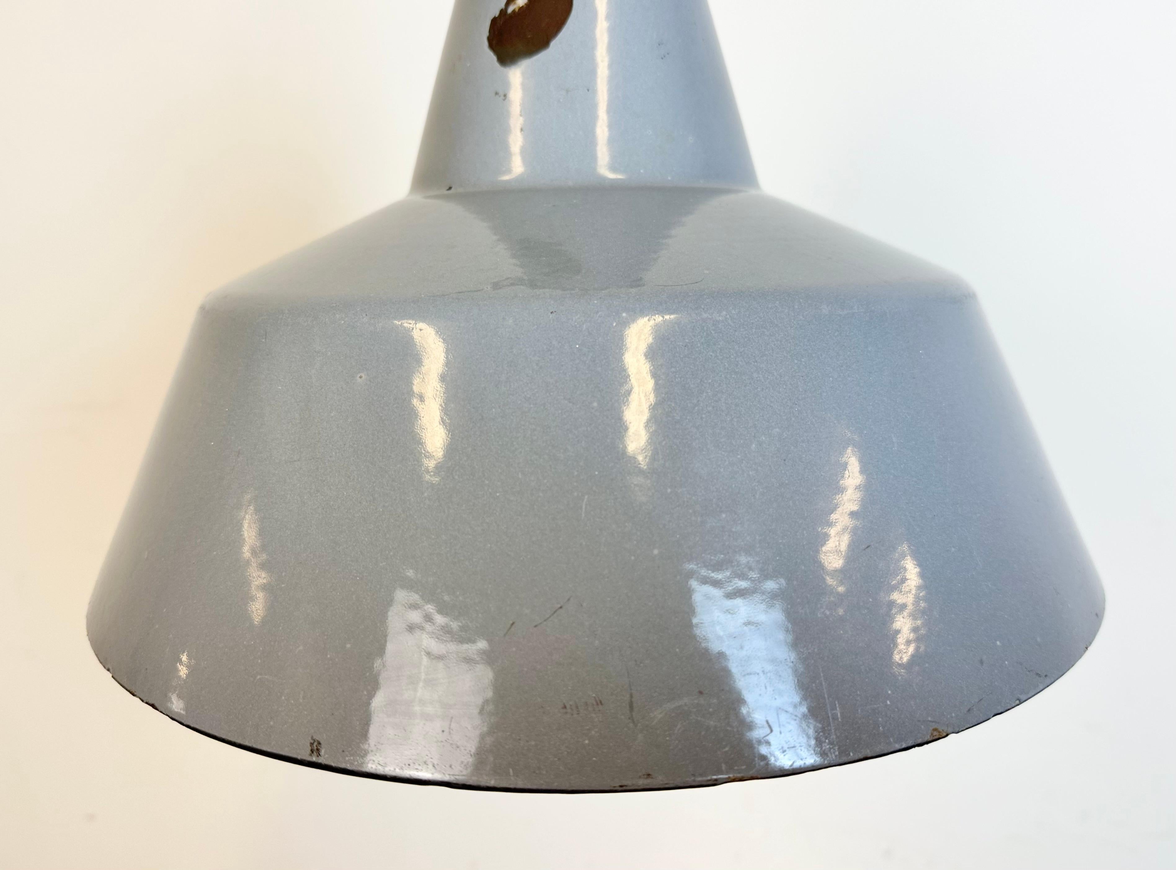 Industrial Grey Enamel Factory Pendant Lamp, 1960s In Good Condition For Sale In Kojetice, CZ