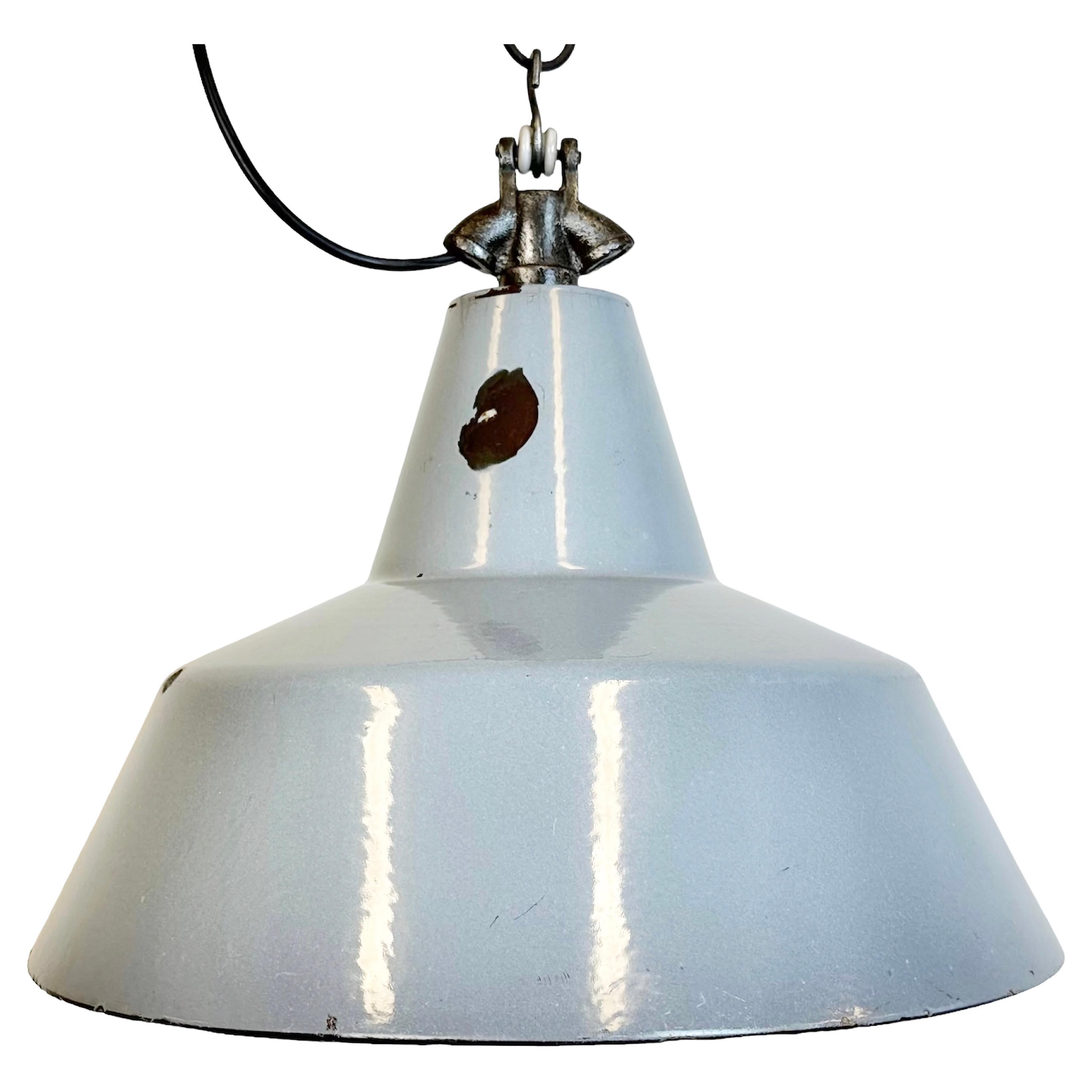 Industrial Grey Enamel Factory Pendant Lamp, 1960s For Sale